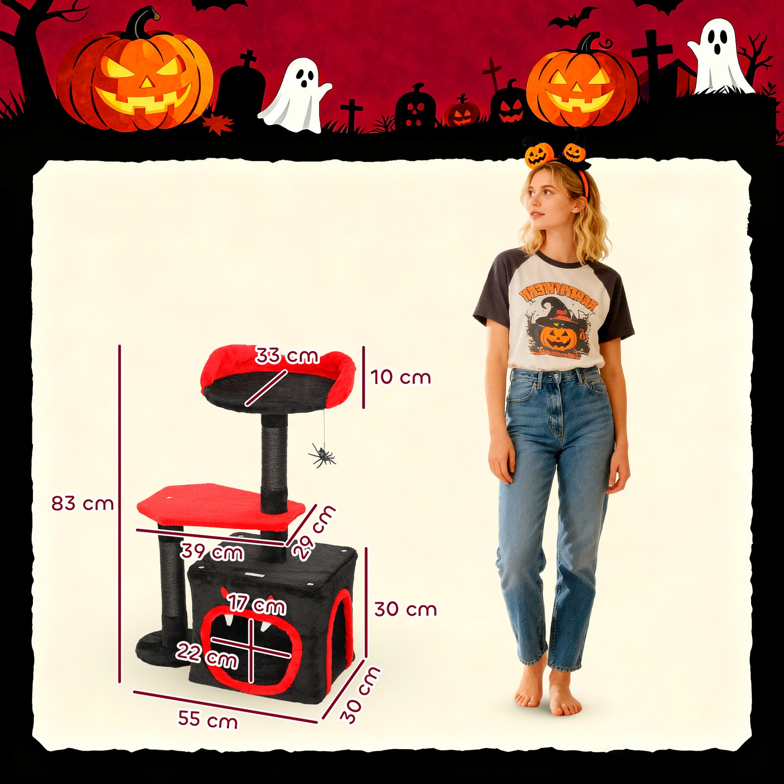 Gothic Cat Tree With Scratching Posts, Black, Halloween