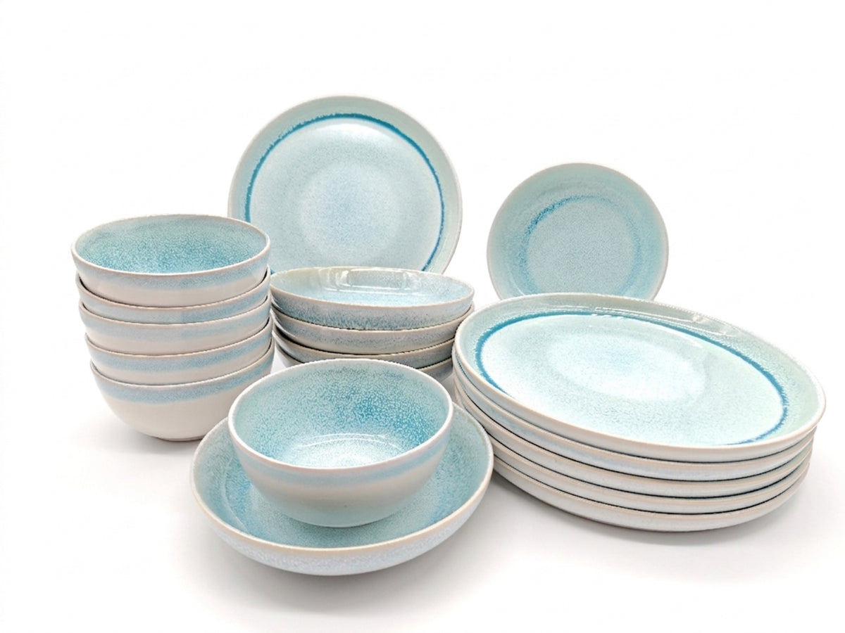 Reactive Blue Glaze Dinner Set Plates Bowls Cups | Set of 18 | Blue