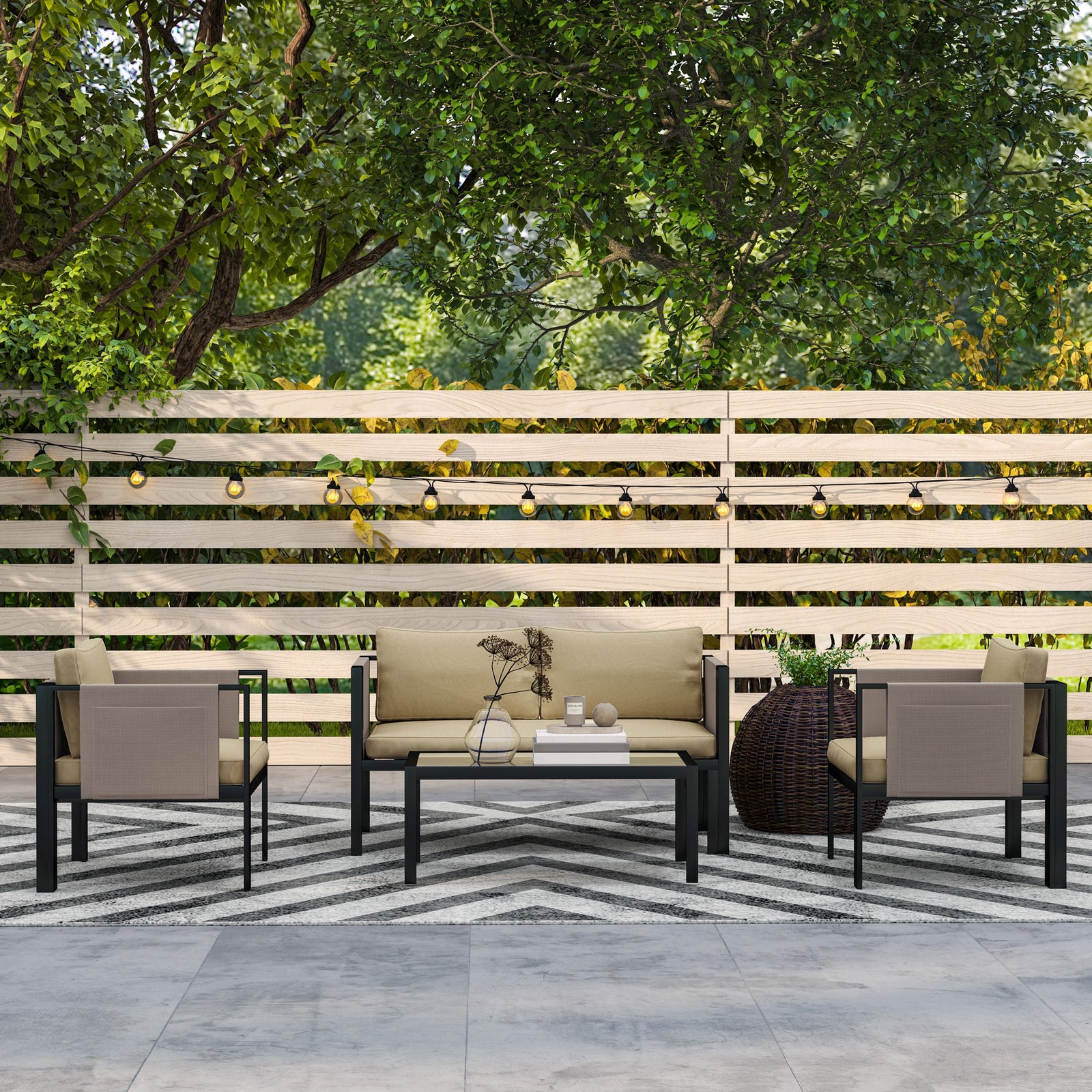 4 Piece Garden Sofa Set W/ Tempered Glass Coffee Table