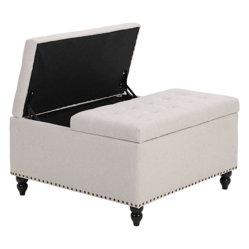 Square Linen Upholstered Storage Ottoman With Lift-top & Flip Design | Beige