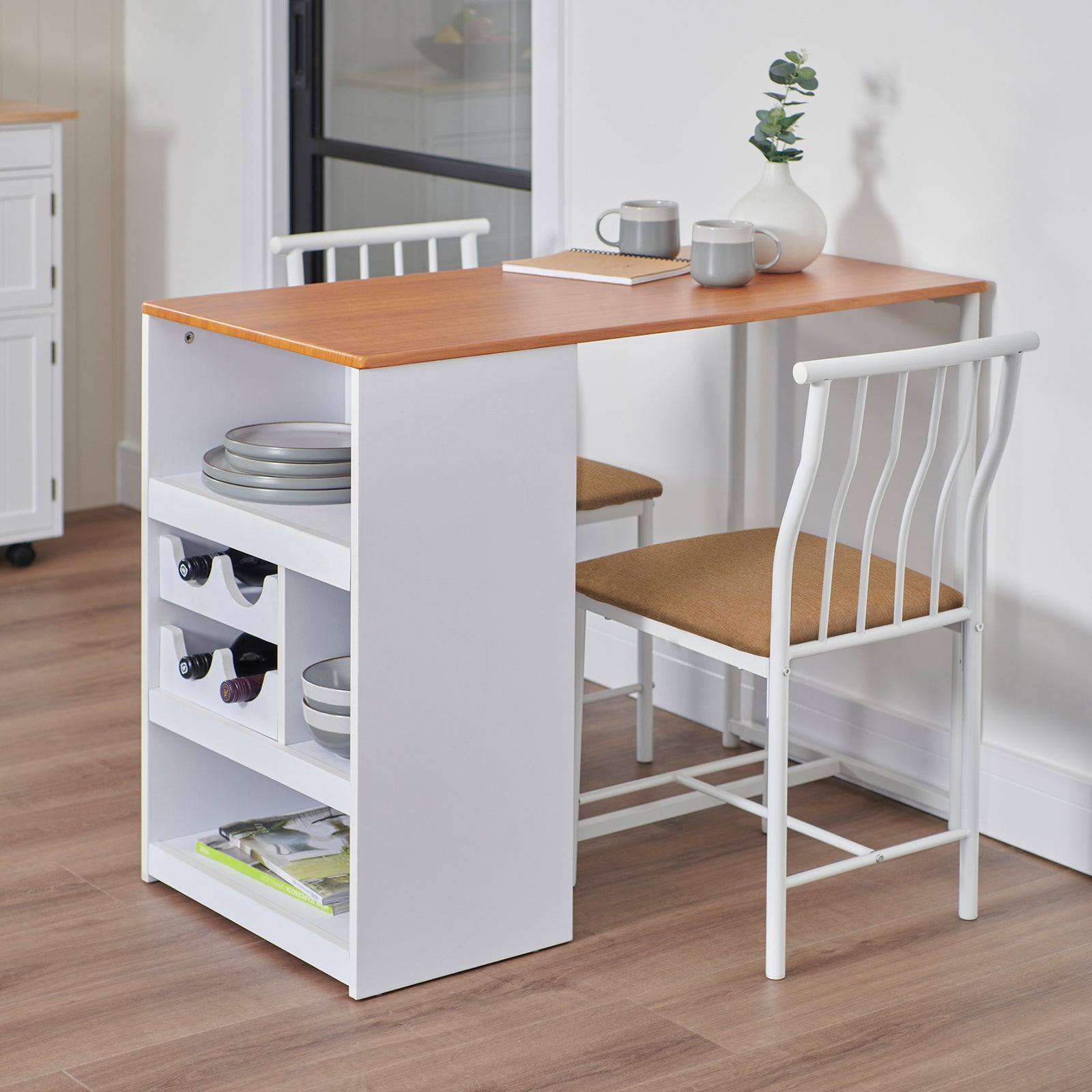 2 Seater Bistro Dining Set with Wine Rack White Cushioned Seat