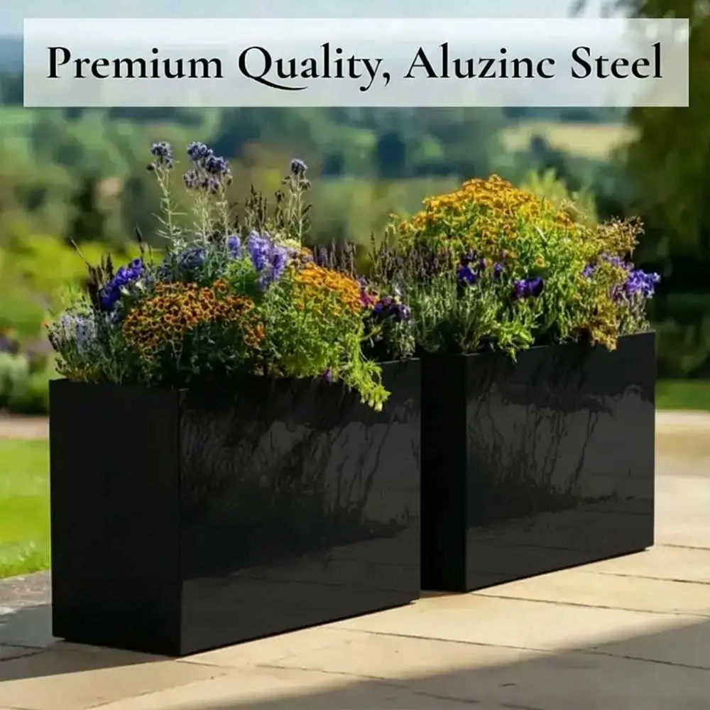 Long Zinc Galvanised Tall Trough Planter | 80cm x 25cm x 60cm | Black Gloss