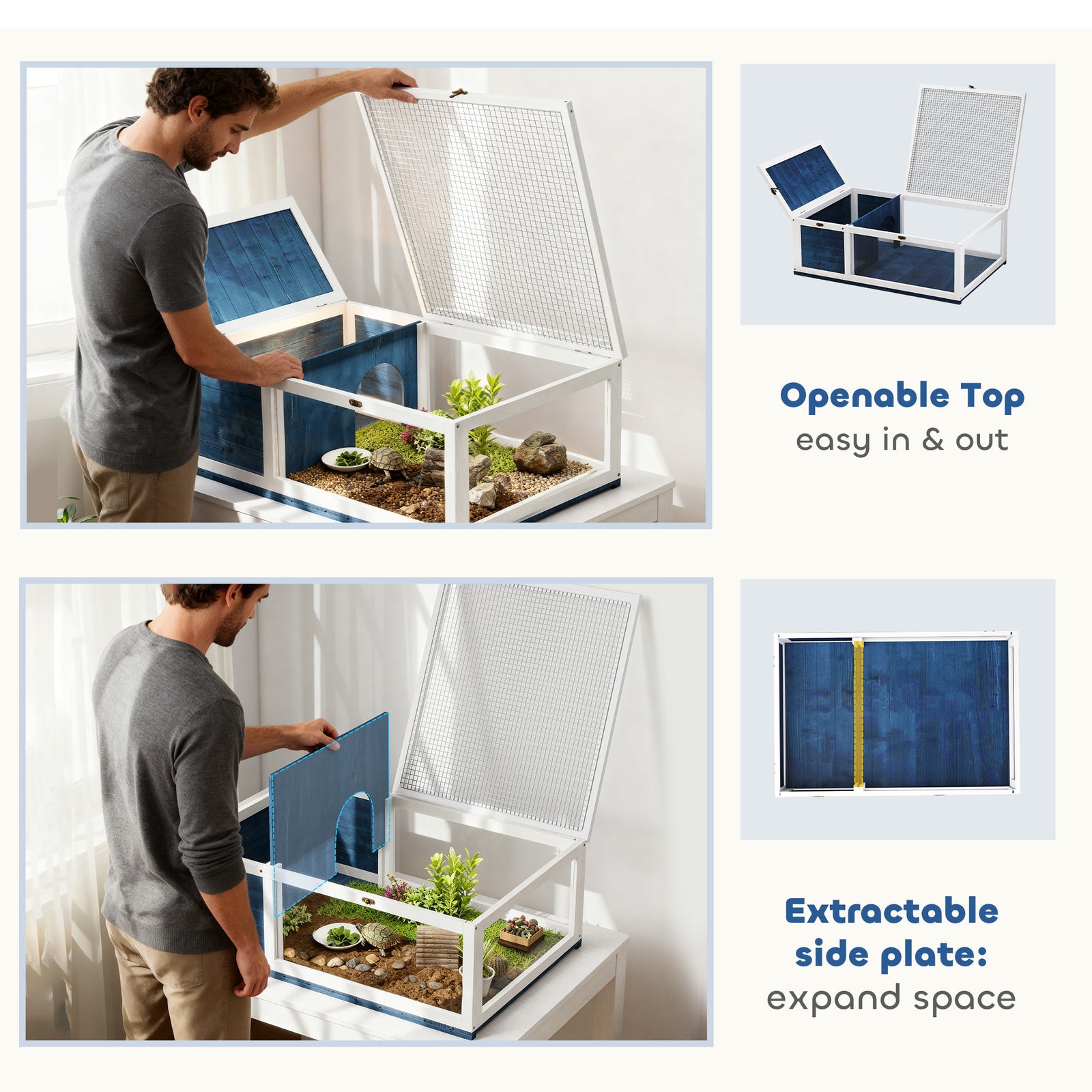 Tortoise House With Mesh Roof, Small Pet Reptile Wooden House | Blue