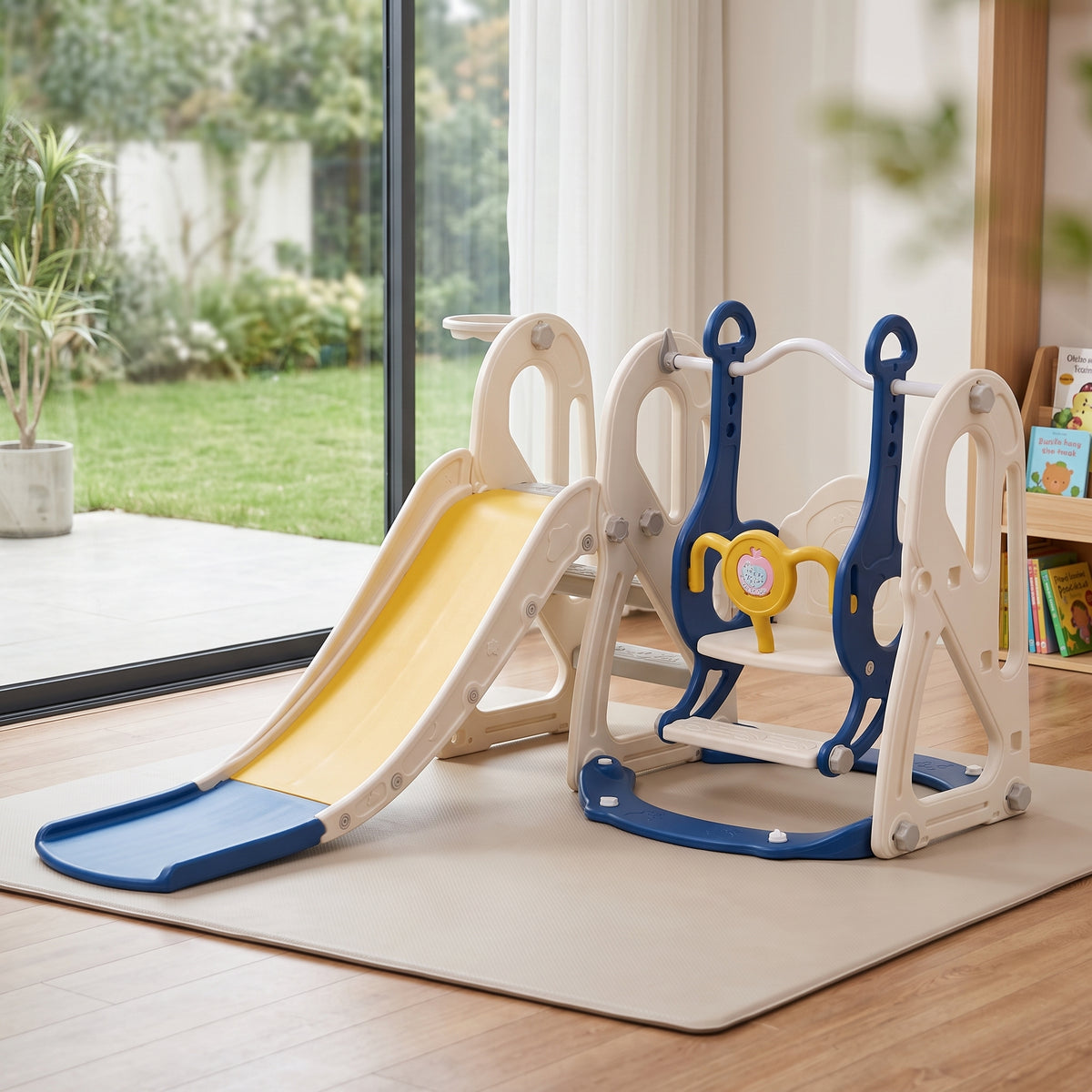4-in-1 Kids Slide & Swing Set With Basketball Hoop | Blue
