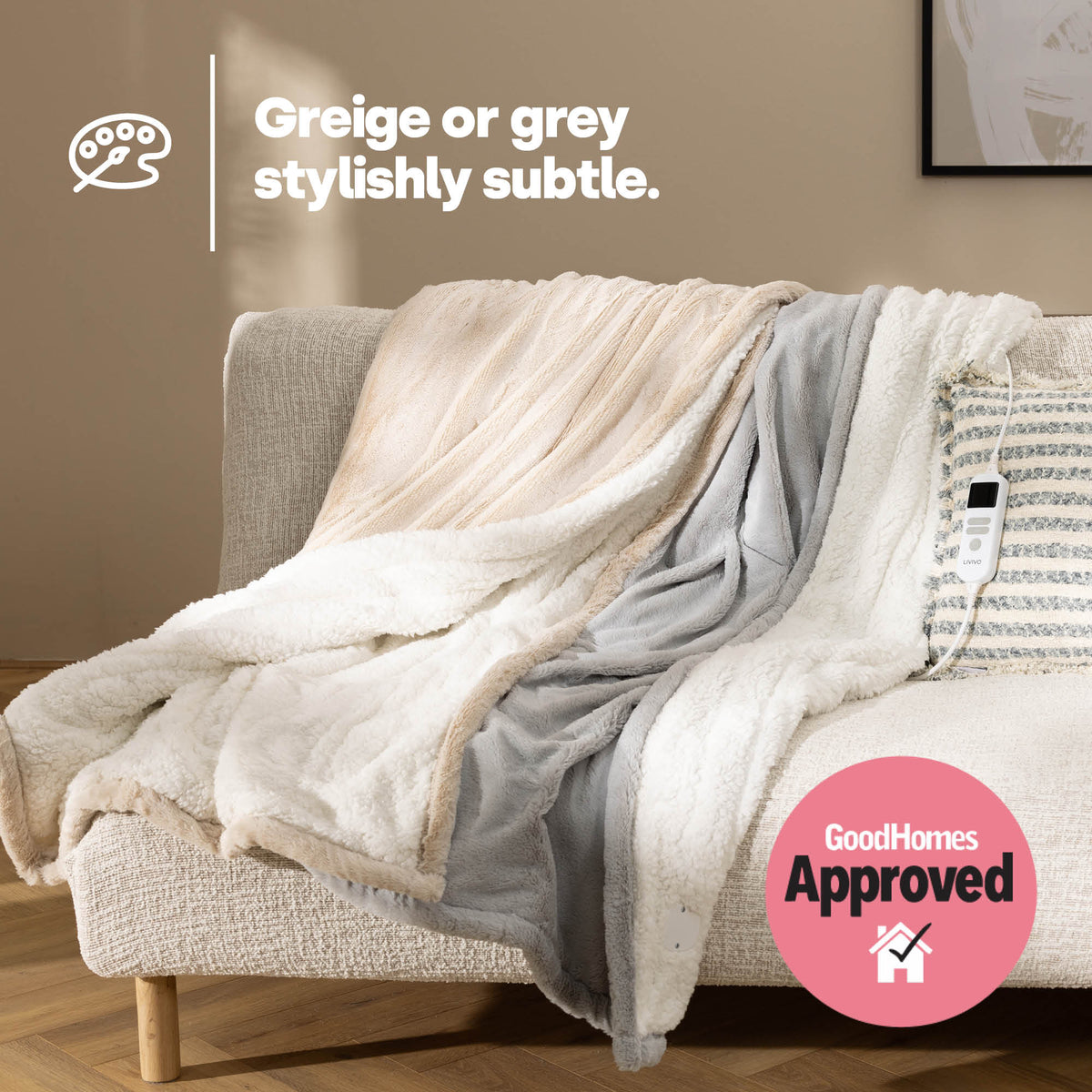 Livivo Premium Sherpa Heated Throw Beige Electric Blanket With 10 Heat Levels 9 Hour Timer Auto Shut Off Washable Design