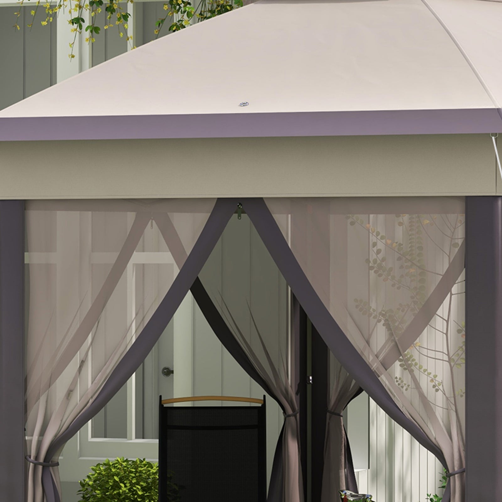 4x4m Hexagon Gazebo With Metal Frame Mesh Curtains Garden | Beige