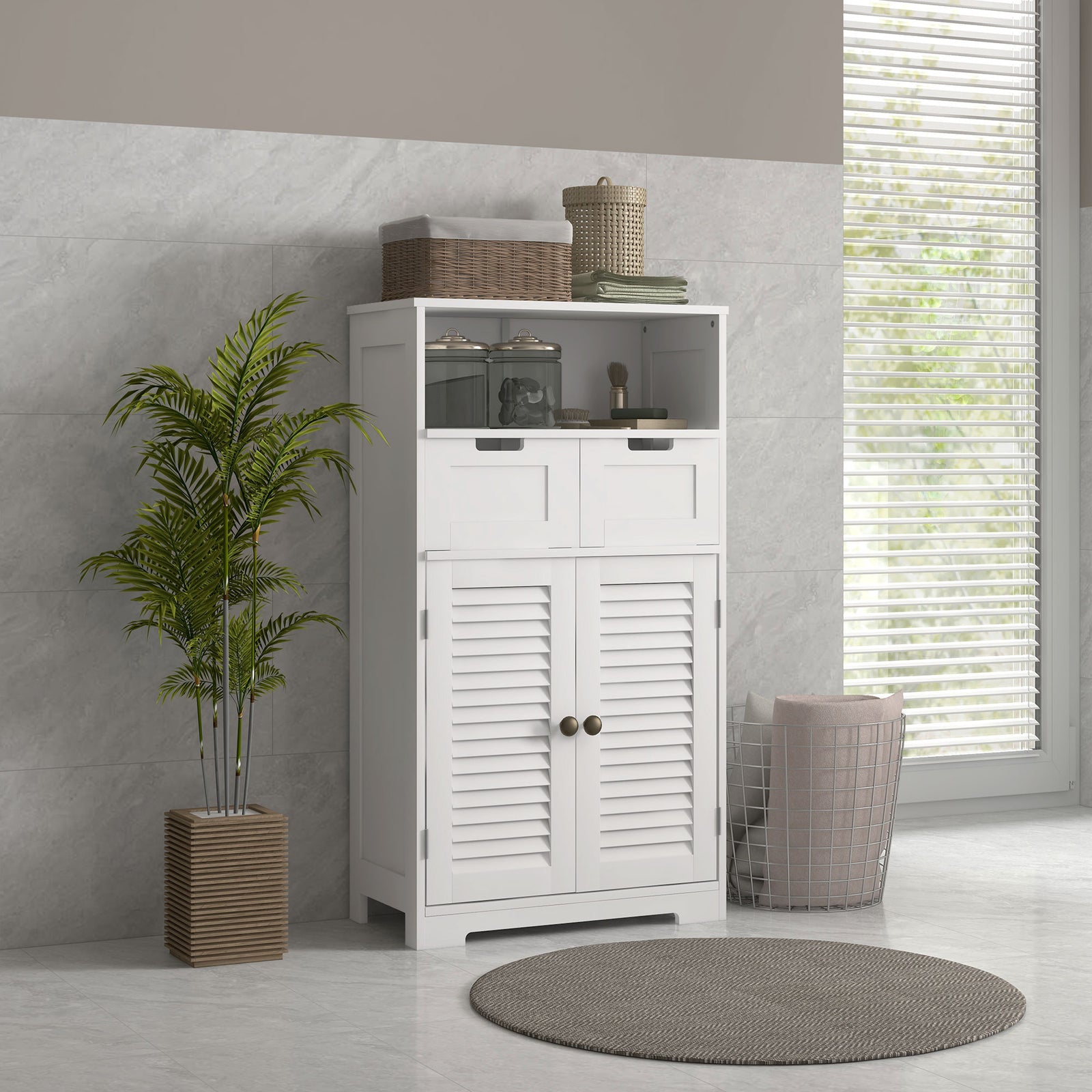 Free Standing Bathroom Storage Cabinet With Louvred Doors | One Size | White