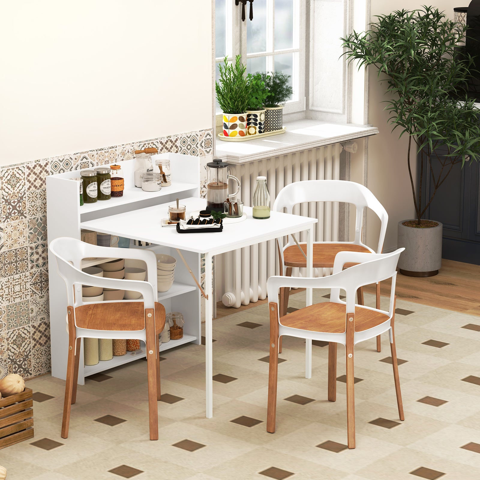 Folding Dining Table, Kitchen Table With Shelves | White