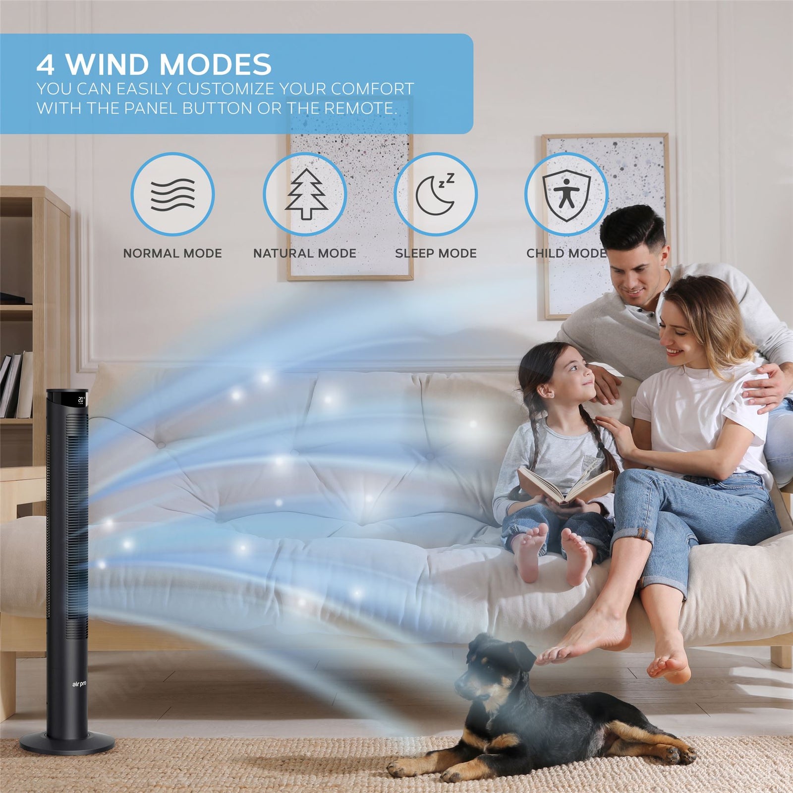 Smart Bladeless 46" Tower Fan 3 Speeds - Remote & Oscillation Feature | Black