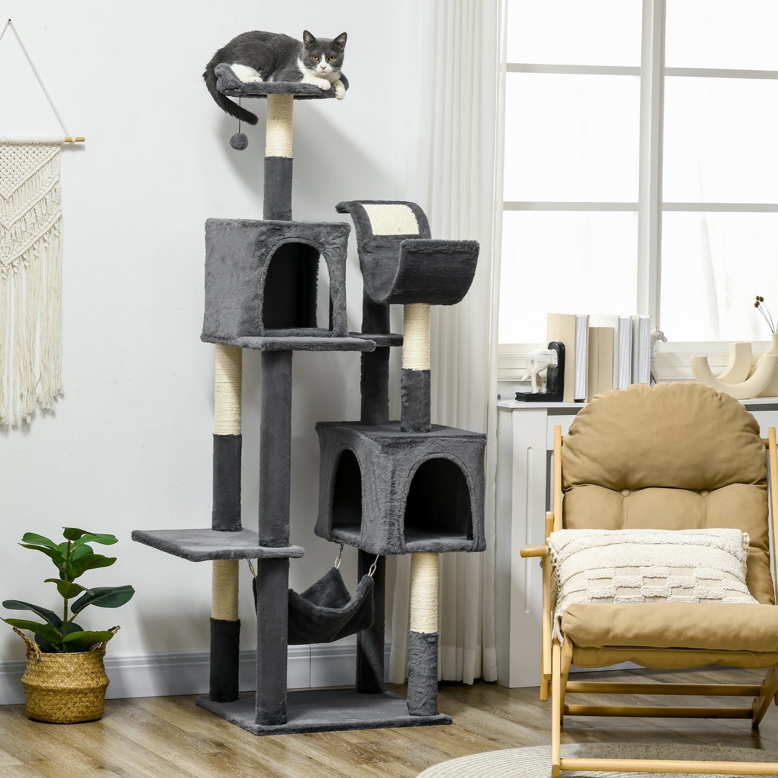 177cm Cat Tree For Indoor Cats, Modern Cat Tower With Hammock - Dark Grey