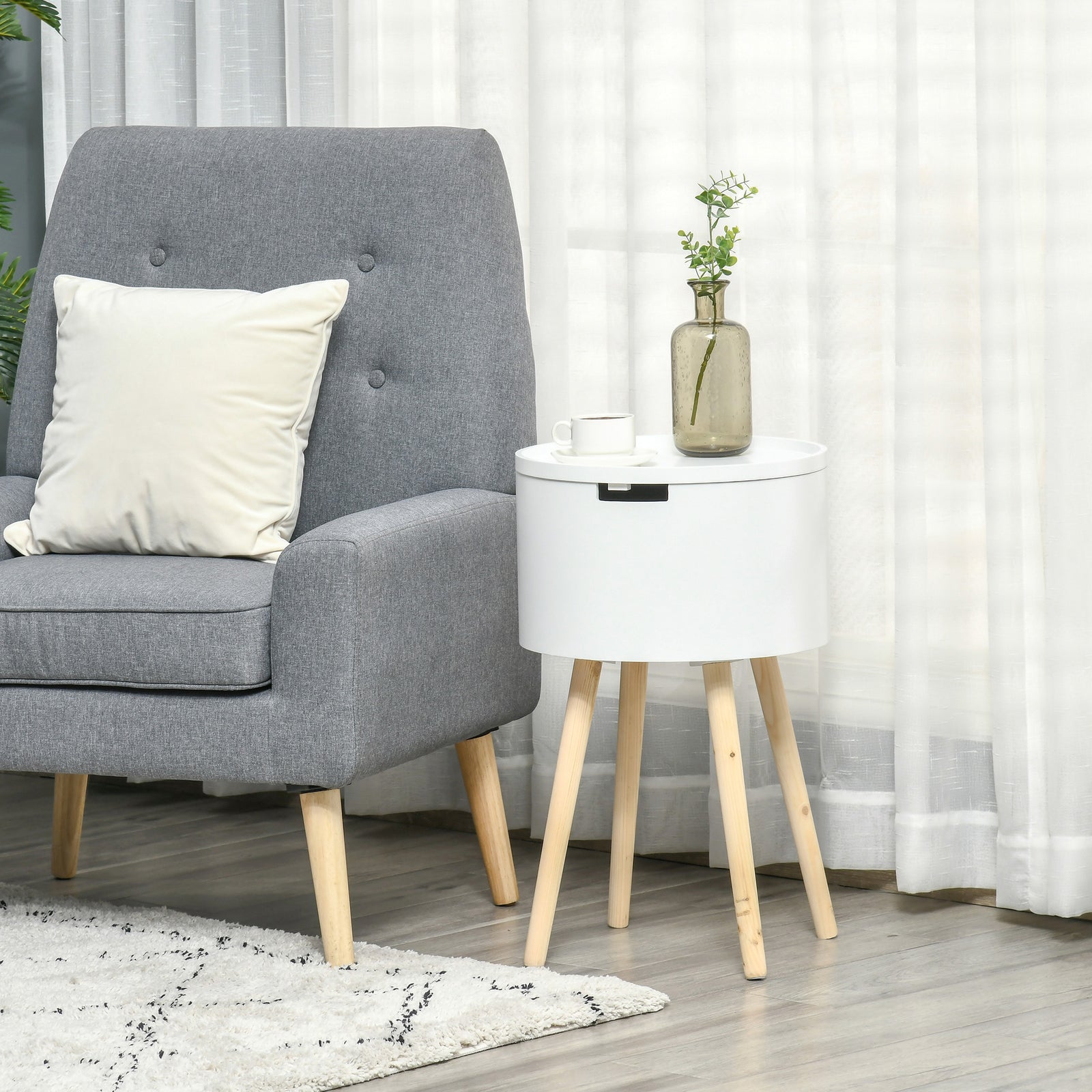 Side Table Wood Nightstand W/ Hidden Storage Space | White