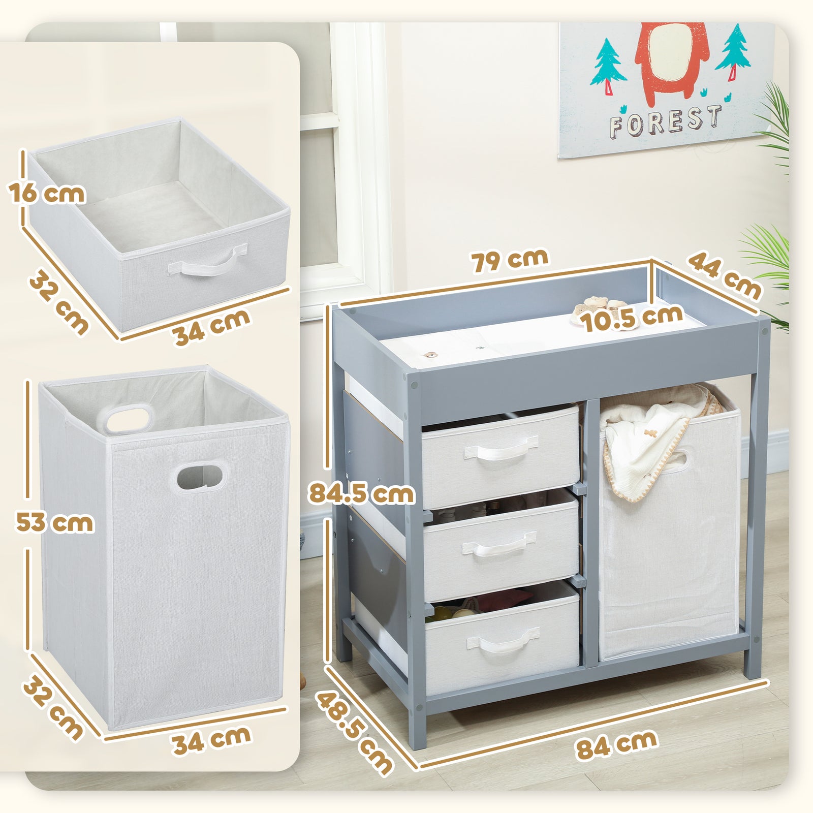 Baby Changing Unit With 4 Drawers, Diaper Changing Table | Grey