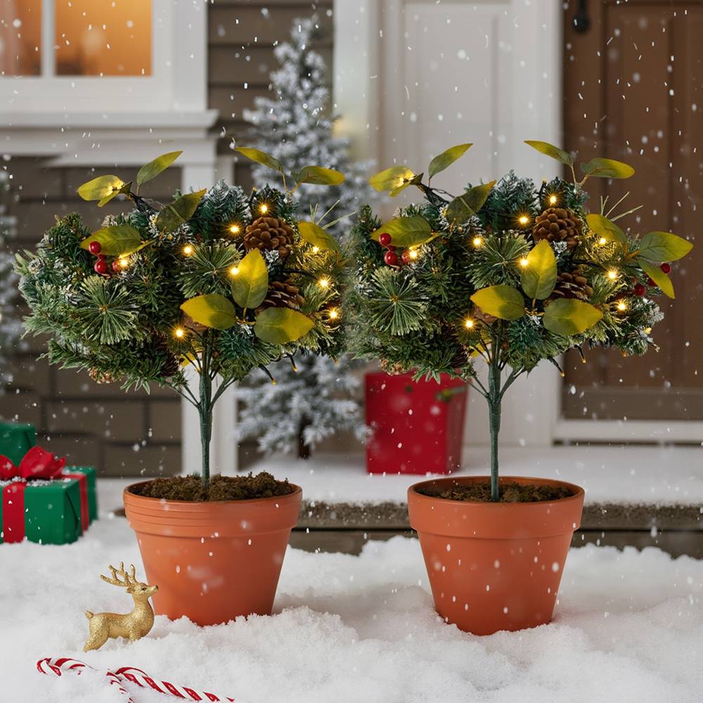 2pcs Artificial Pre-lit Christmas Planter Bushes Decorations