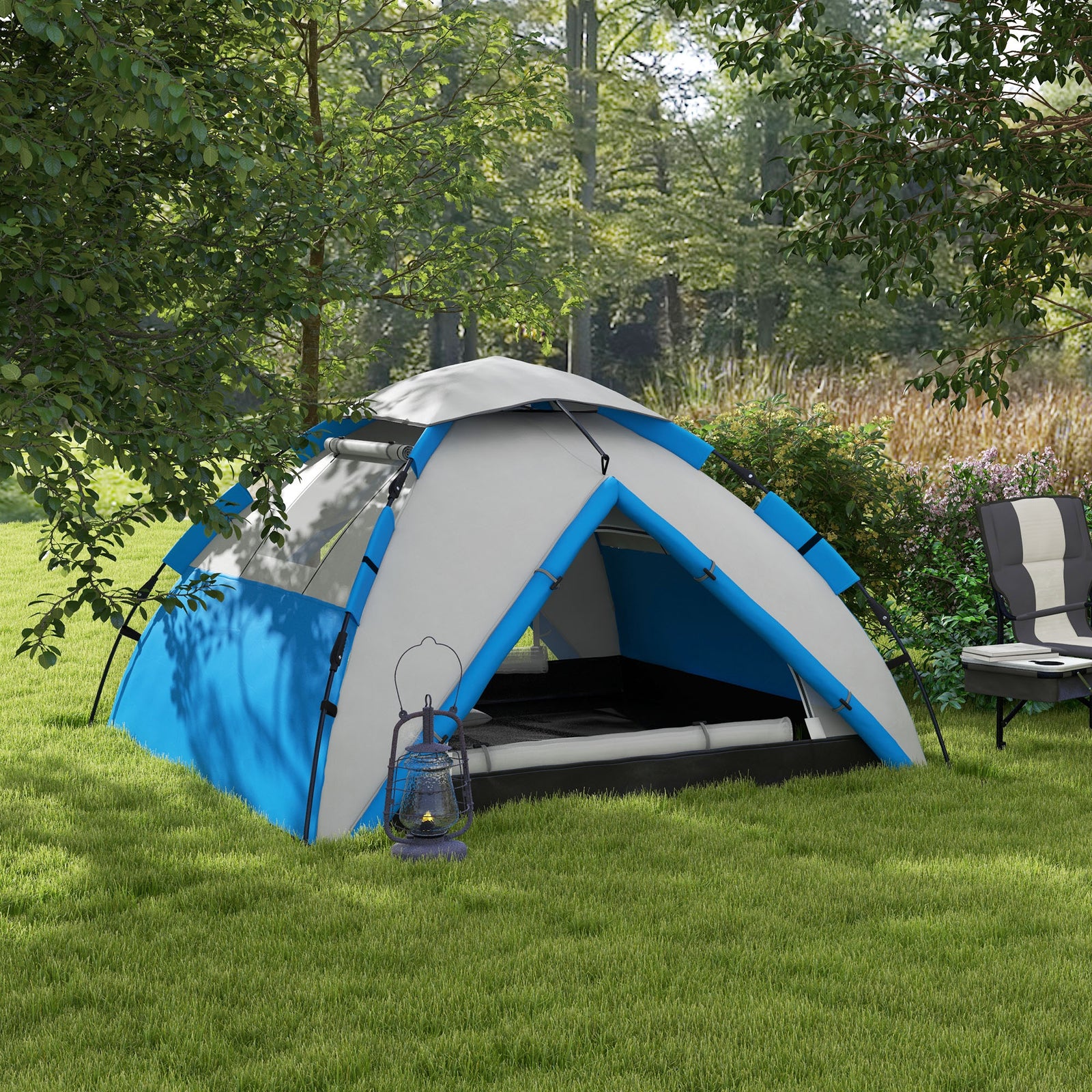 3-4 Man Camping Tent Portable With Bag, Quick Setup | Light Blue