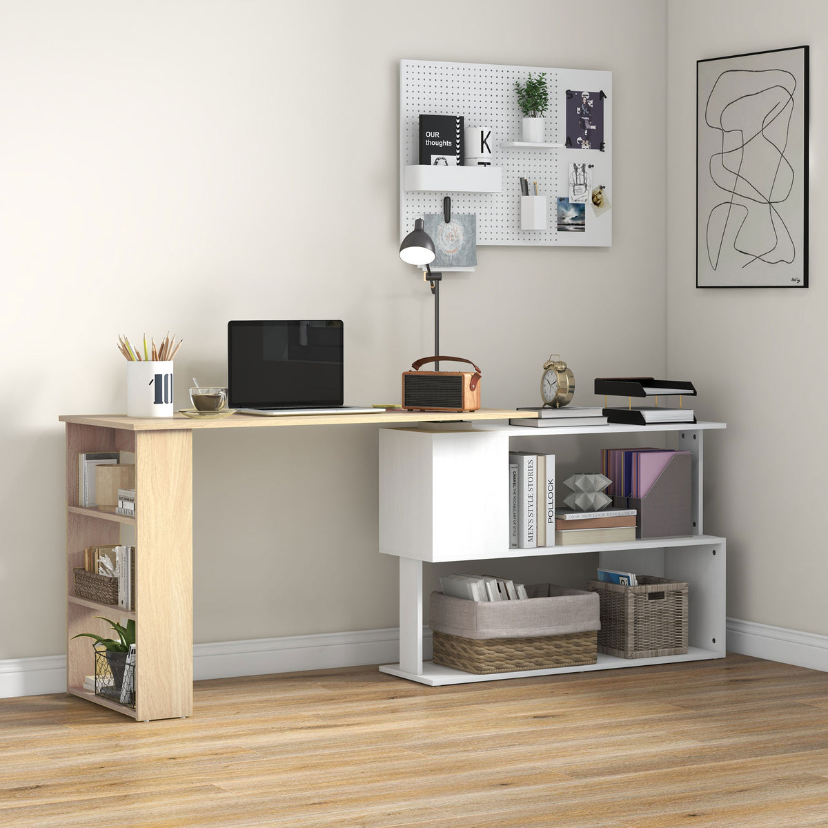 HOMCOM Corner Desk With Rotating Design And Bookshelf