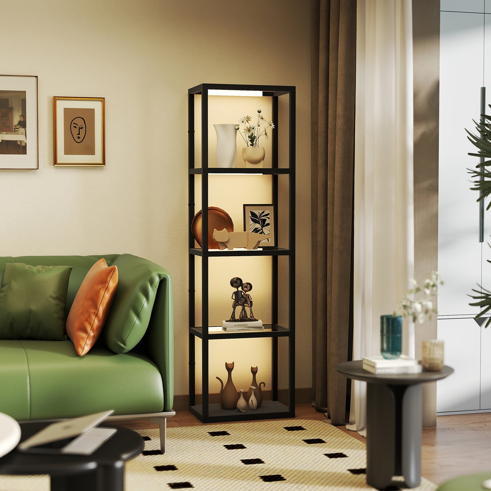 Led Floor Lamp With Glass Shelves, Dimmable Room Lamp | Black