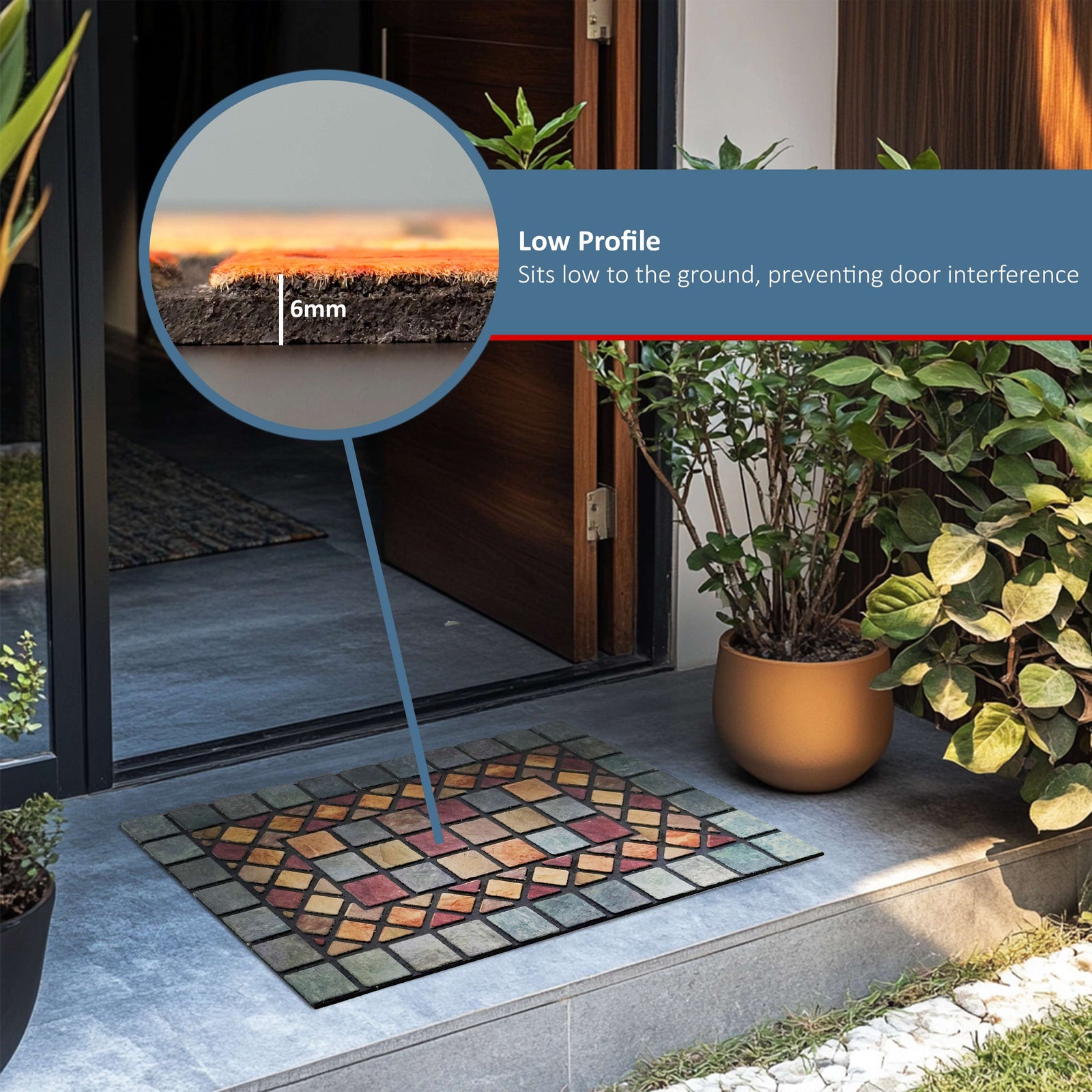 Elegant Tile Effect Doormat - Blue Edge | Small | Blue