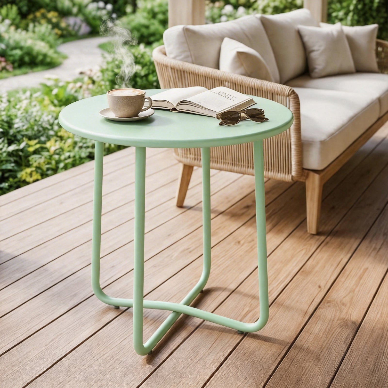 Metal Garden Side Table, 48 Cm Round Outdoor Table | Green