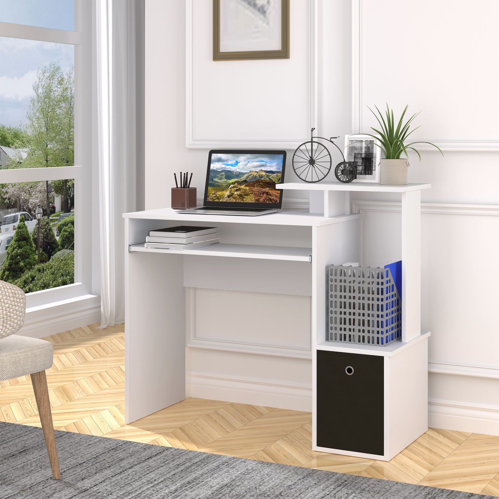 Computer Desk, Sliding Tray, Drawer | White
