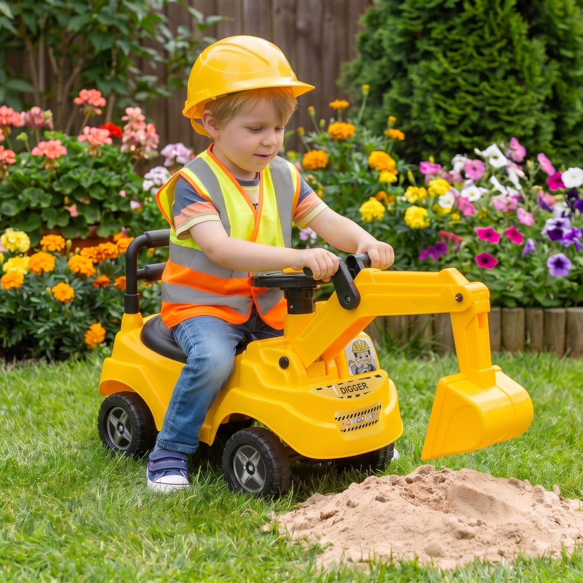 Ride On Tractor Toddler Excavator With Manual Digger, Horn Yellow