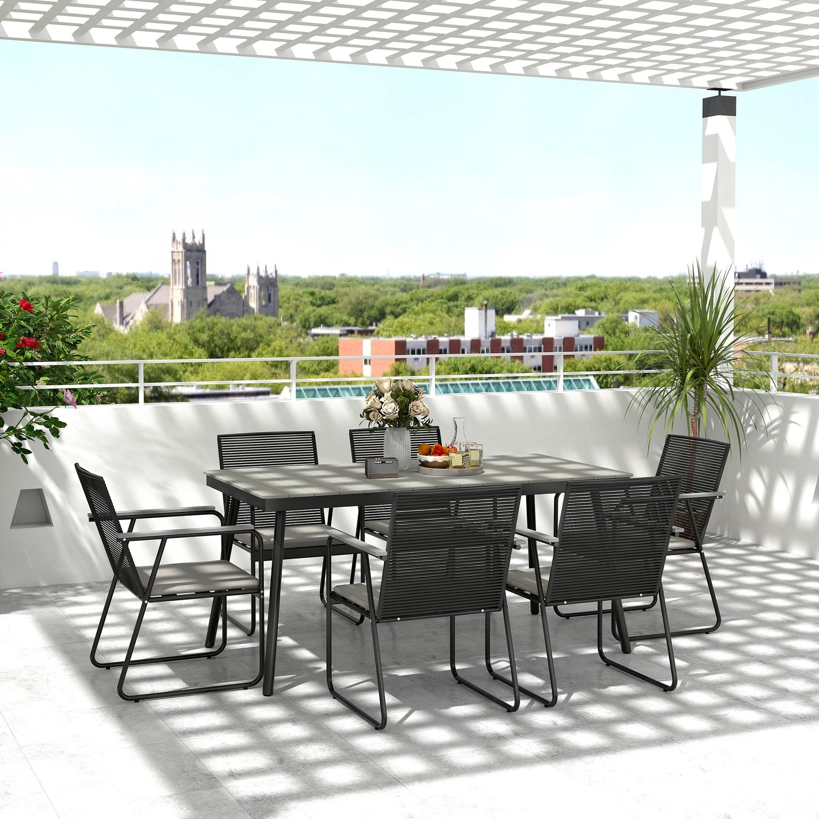 6 Seater Garden Dining Set With Cushions Rattan Backrest | Gray