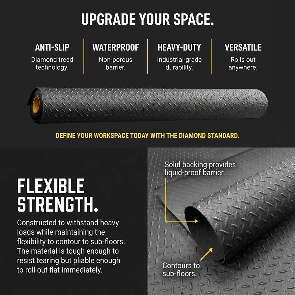 Diamond Tread Recycled Rubber Flooring Rolls - 1.7m Wide | 12m | Black