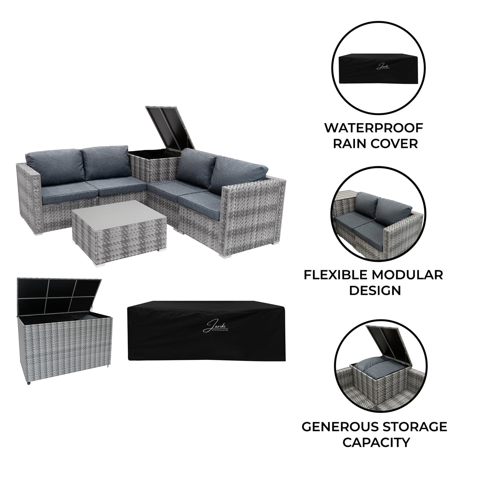 Rattan Modular 6 Piece Furniture Set & 700l Storage Box | Grey