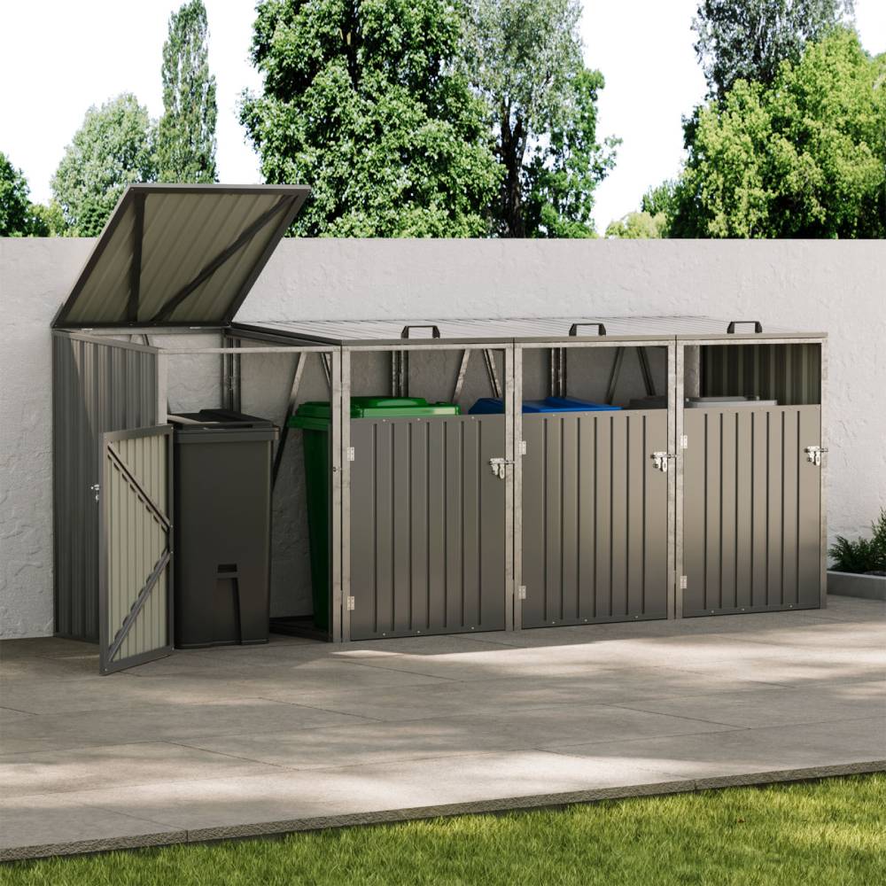 4 Bin Storage Shed – Heavy-duty Galvanized Steel Outdoor Bin Store With Lift-up Lids & Lockable Doors | Grey