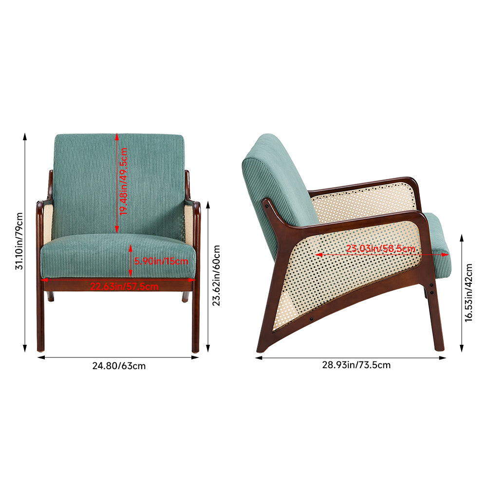 Corduroy Armchair With Rattan-weave Side Panels – Accent Chair With Rubberwood Legs | Green