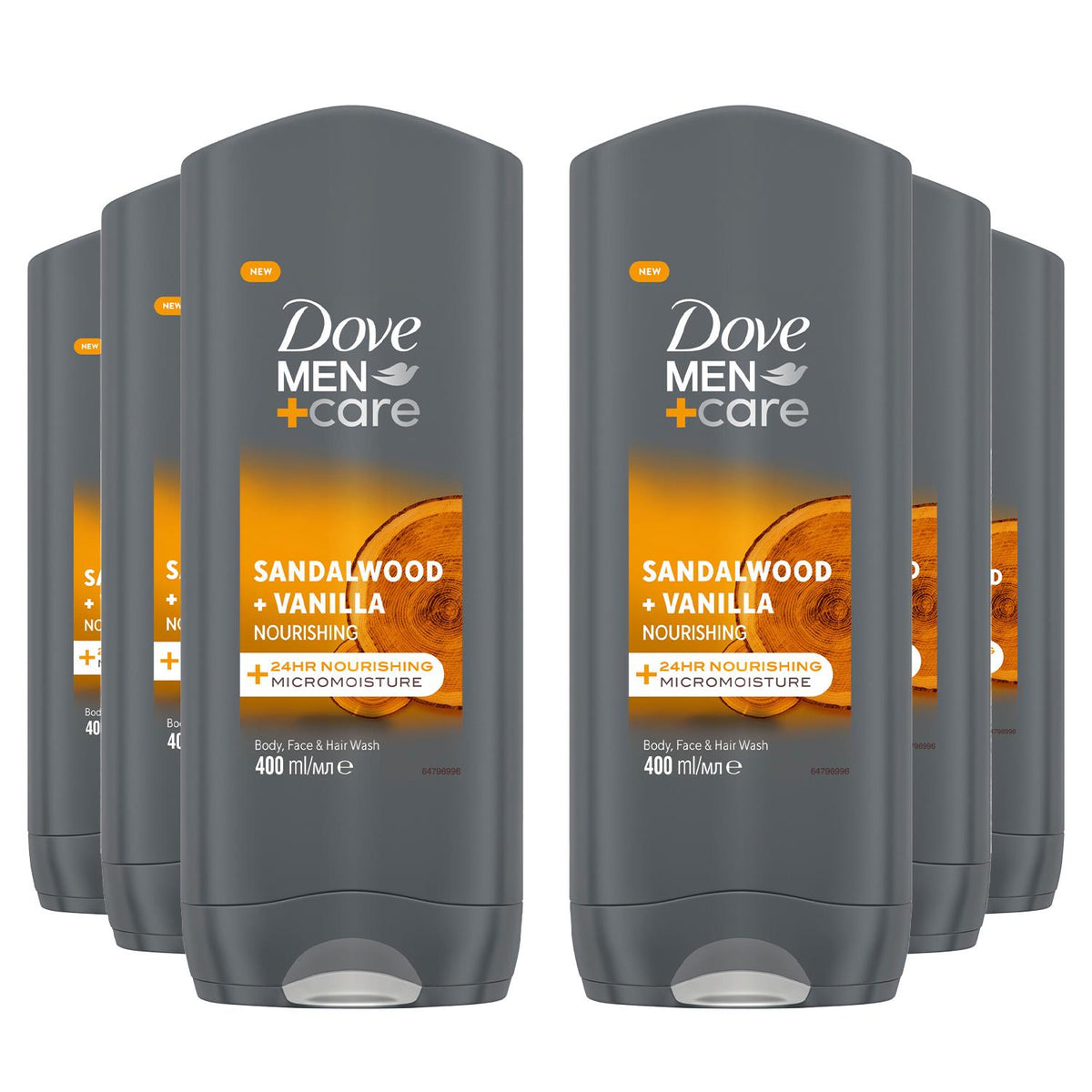 Men+care 3 In 1 Body, Face & Hair Wash Sandalwood + Vanilla 400ml, 6 Pack | Set of 6