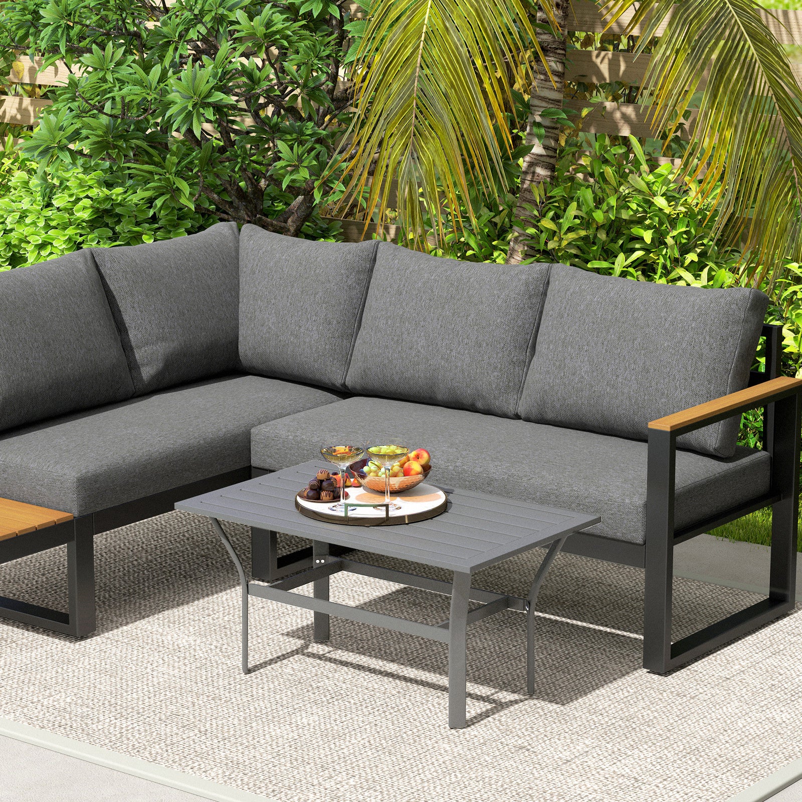 Metal Garden Coffee Table W/ Slatted Tabletop