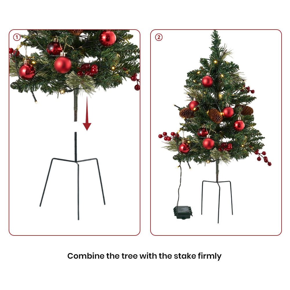 Set Of 2 Led Christmas Trees Artificial Pine With Red Berries, Baubles & Pinecones, 8 Lighting Modes, Timer Function