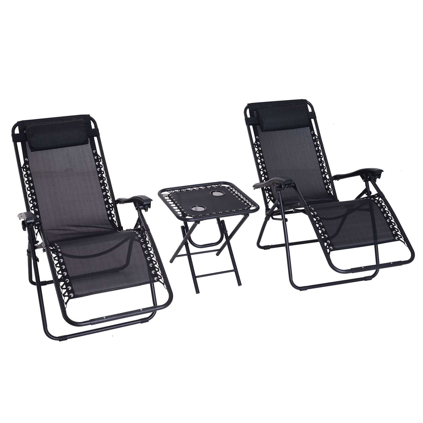 3pc Zero Gravity Chairs Sun Lounger Table Set W/ Cup Holders | Black