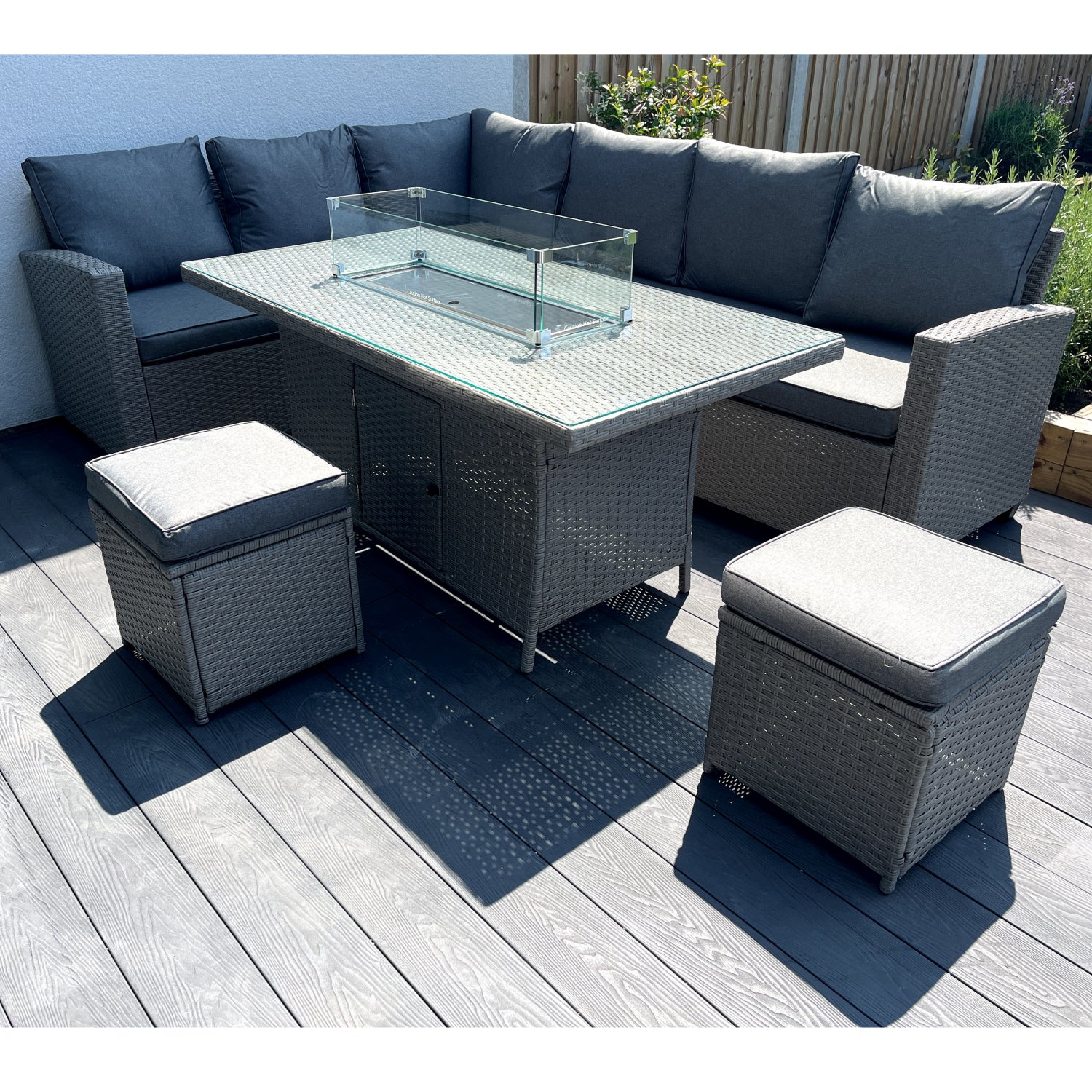 The Croft 8 Seat Corner Gas Firepit Rattan Dining Set | Grey