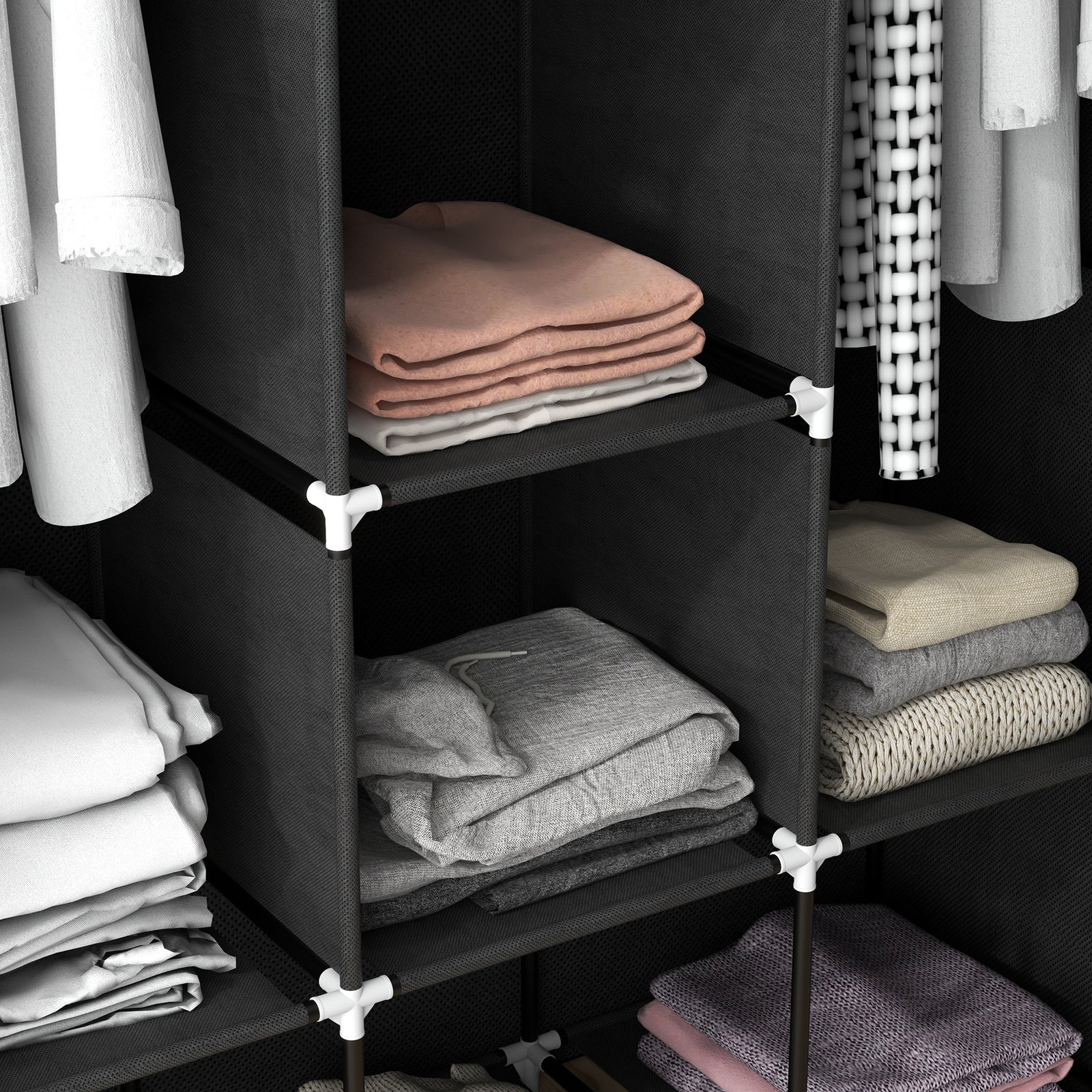 Fabric Portable Wardrobe With 8 Shelves 2 Hanging Rails | Black