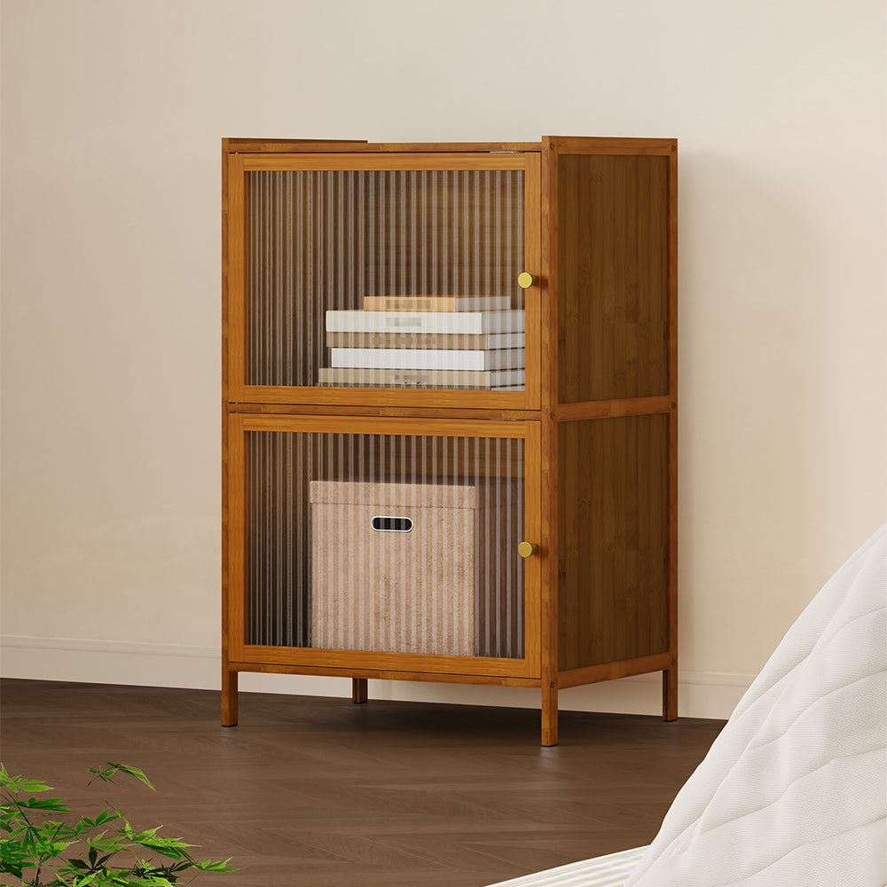 Versatile 2-tier Storage Cabinet With Transparent Doors,bamboo & Mdf Freestanding Organizer For Small Spaces