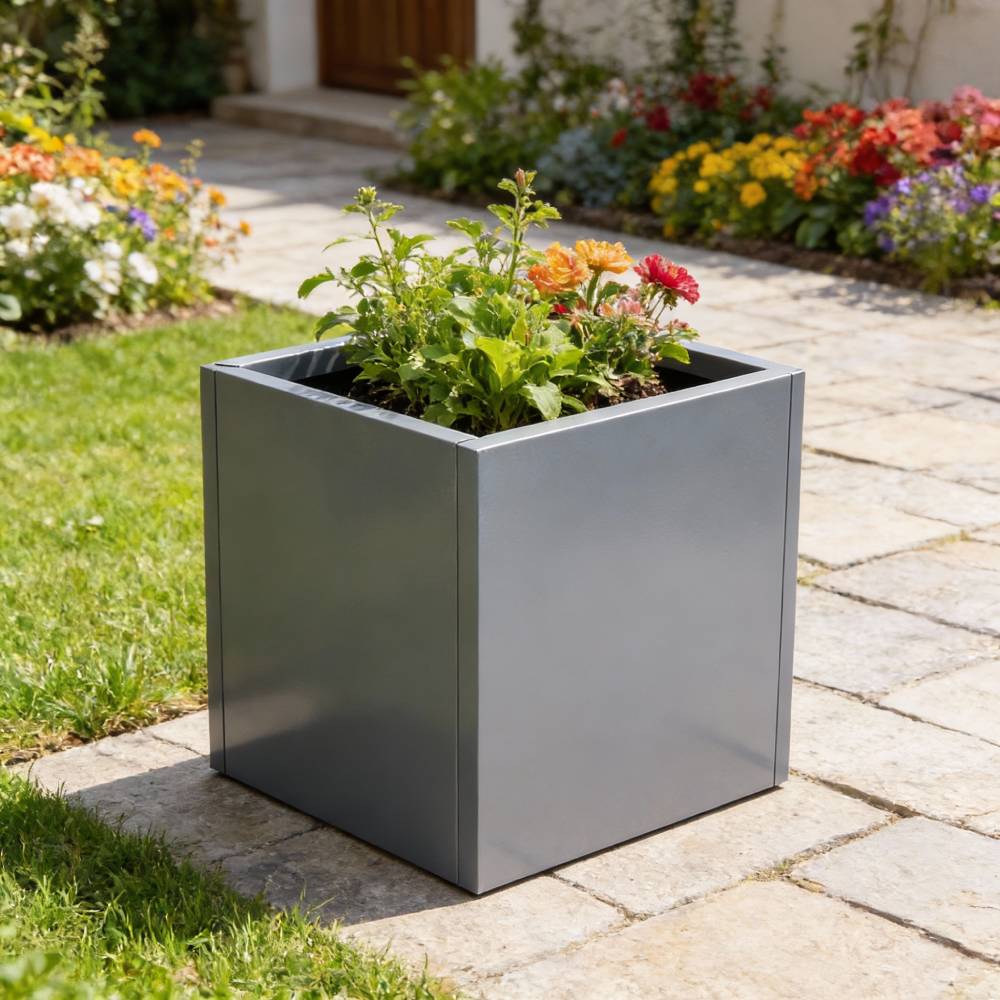 Zinc Galvanized Steel Planter Box With Drainage Hole –square Raised Planter Box Outdoor Balcony Garden Trough Pot | Medium | Light Grey