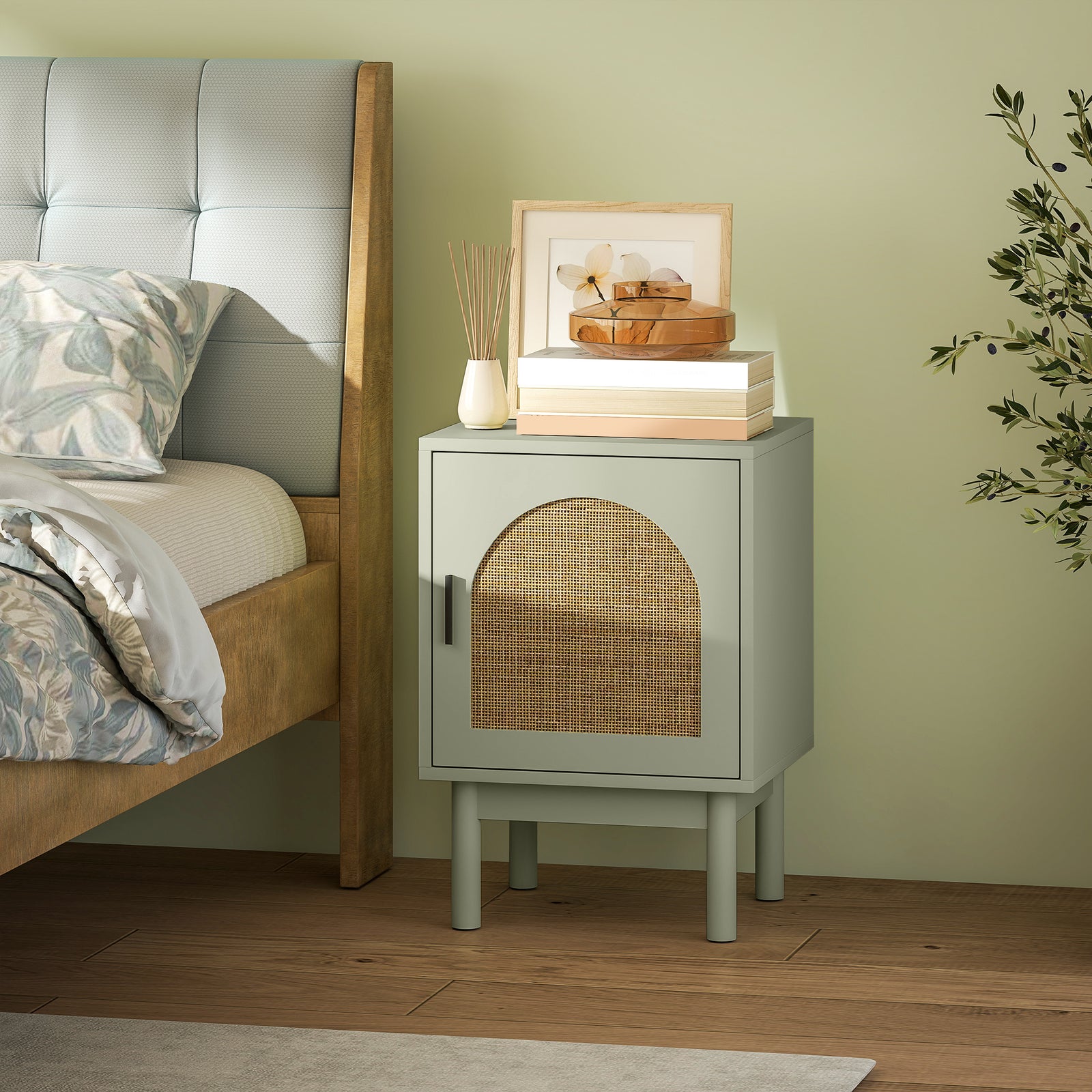 Boho Bedside Table With Rattan Door And Adjustable Shelf | Green