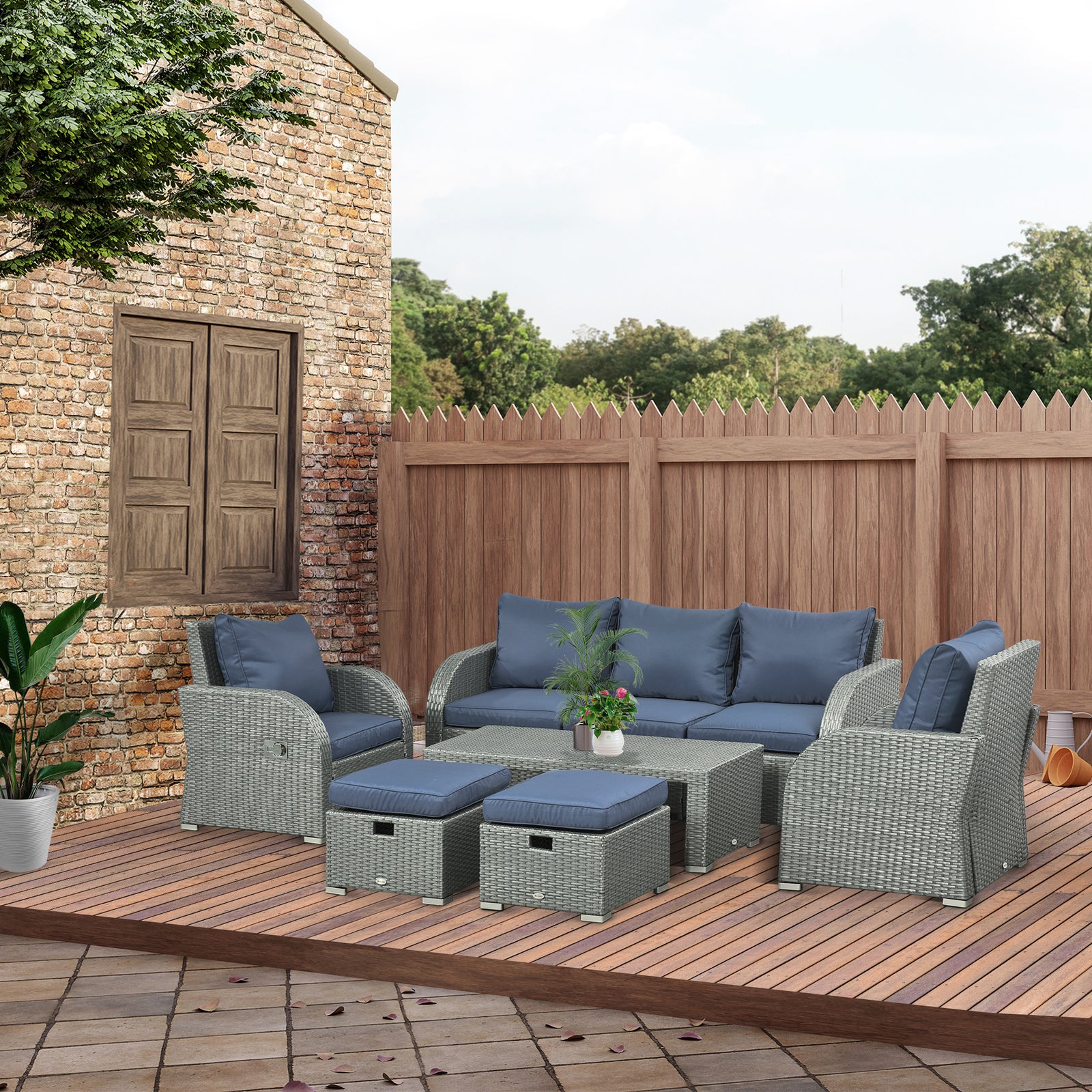 Cushioned Rattan Wicker Sofa, Recliner, Footstool, Table Set | Blue