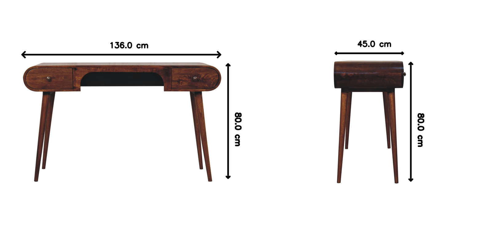 Solid Wood Chestnut London Arch Writing Desk, 2 Drawers, Dark Brown
