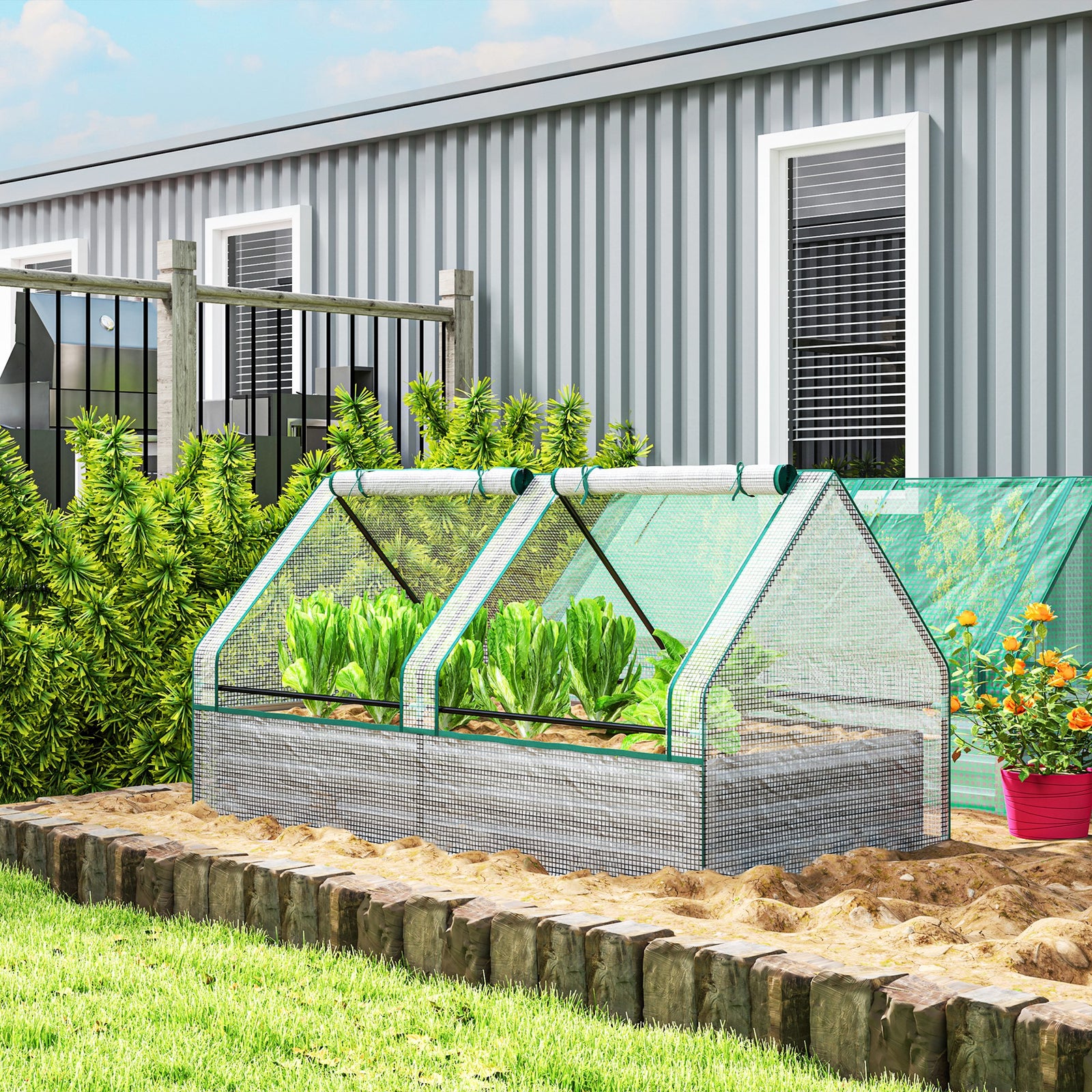 Raised Garden Bed With Cover, White And Dark Grey