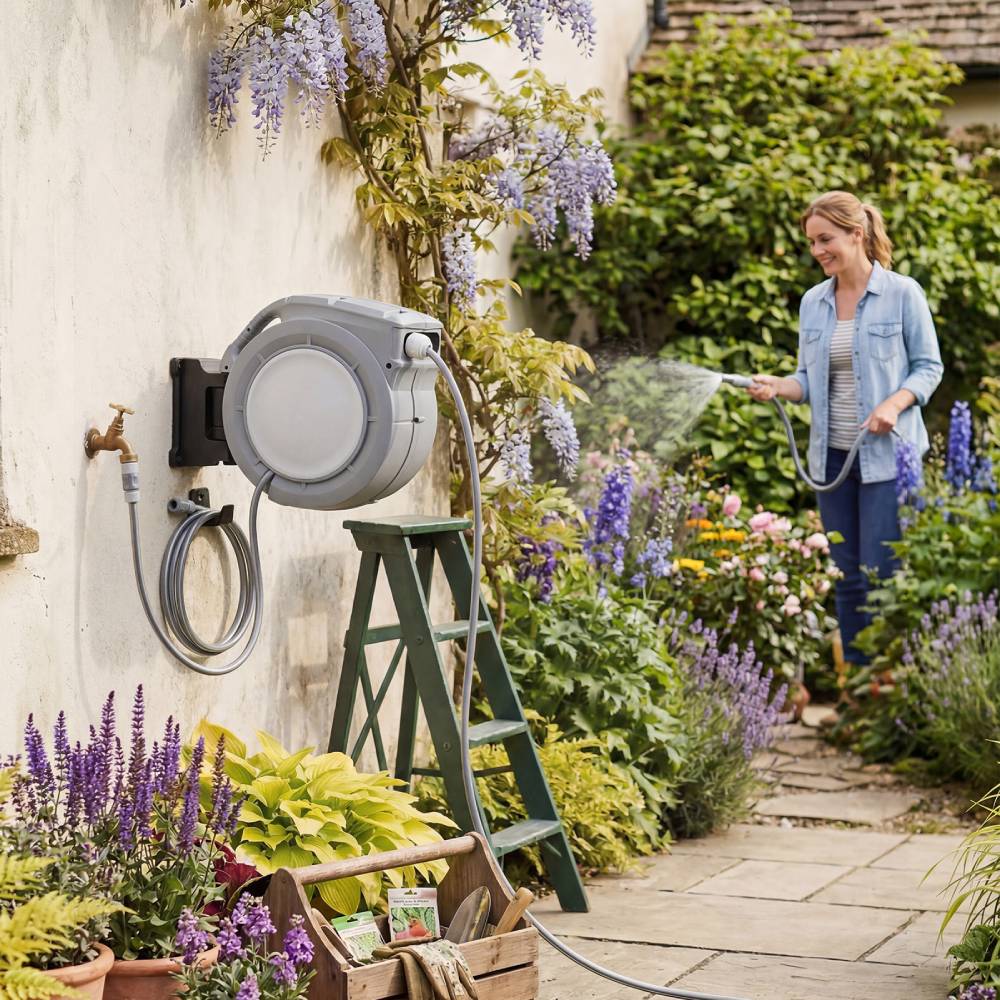 Wall Mounted Retractable Garden Hose Reel With Spray Nozzle | Large