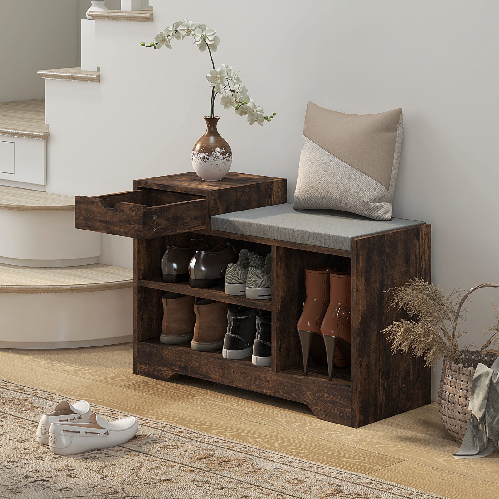 Upholstered Entryway Shoe Bench With Storage Drawer | One Size | Brown