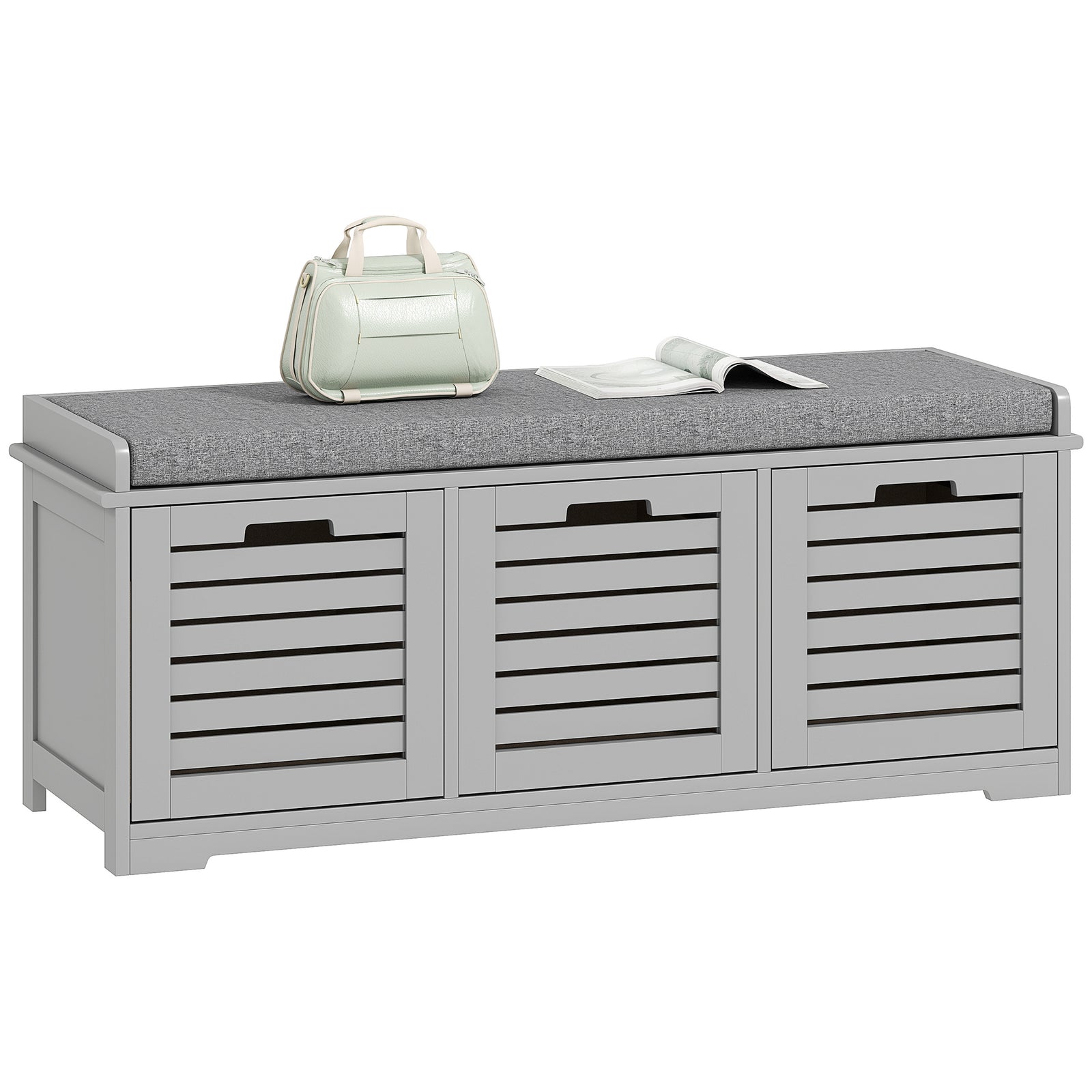 3-door Shoe Storage Bench Cushion Seat Slatted Doors | Grey