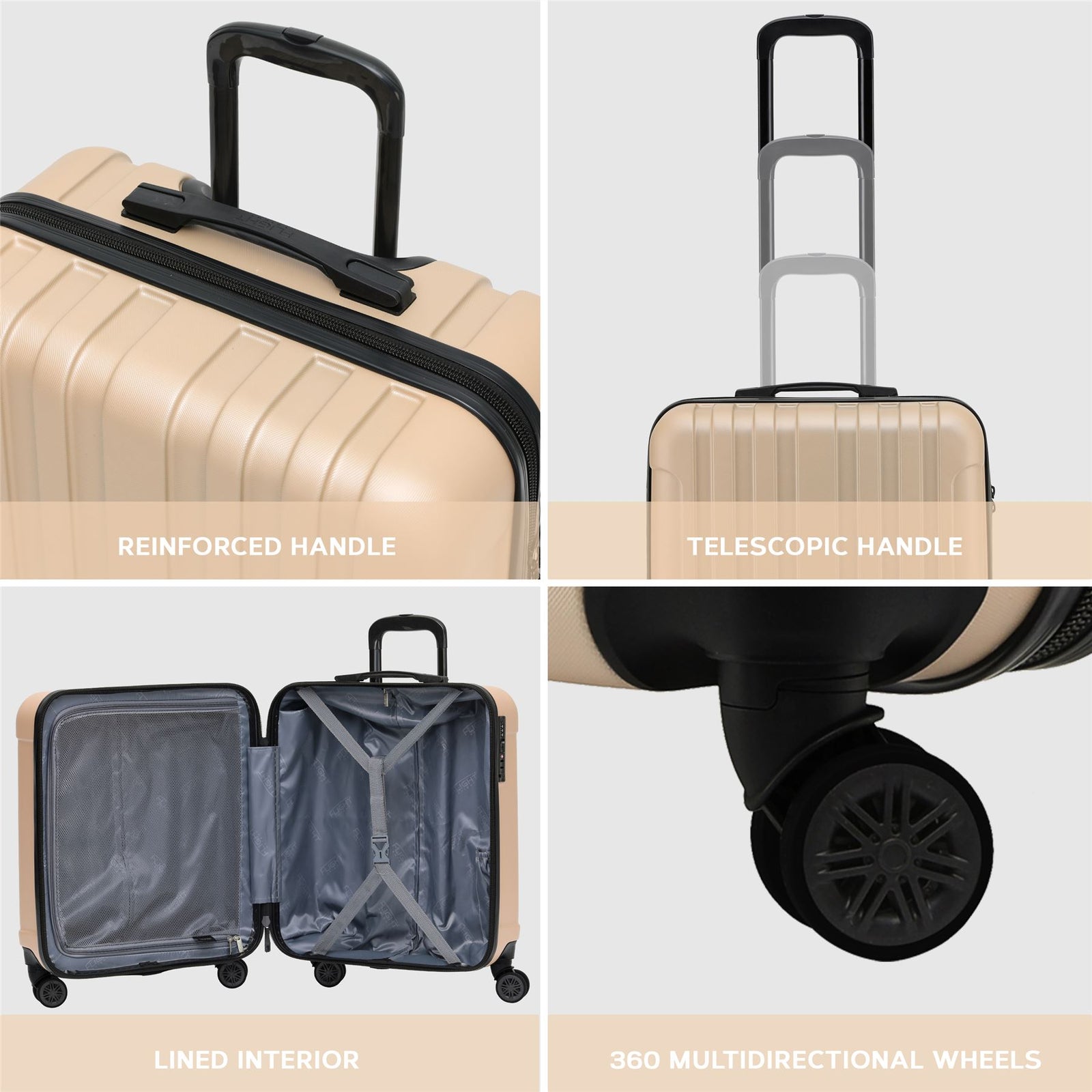 56x45x25cm Large Cabin Carry On Case - Overhead Luggage Suitcase - 4 Spinner Wheels - Abs Hard Shell Cabin Bag | Cabin | Champagne