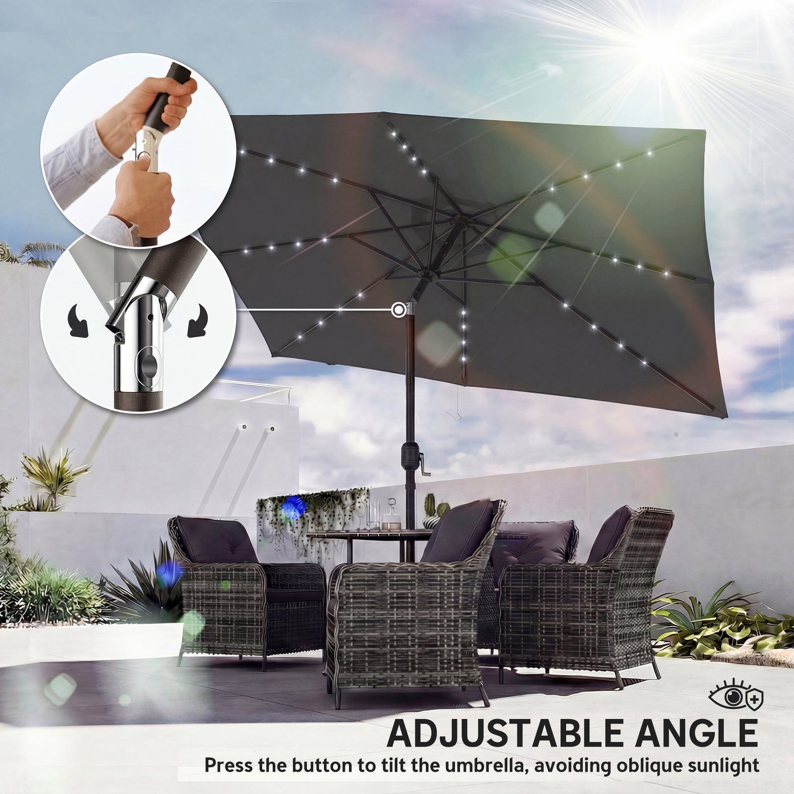 3 X 2 M Garden Parasol Umbrella With Light, Outdoor Patio Umbrella | Black