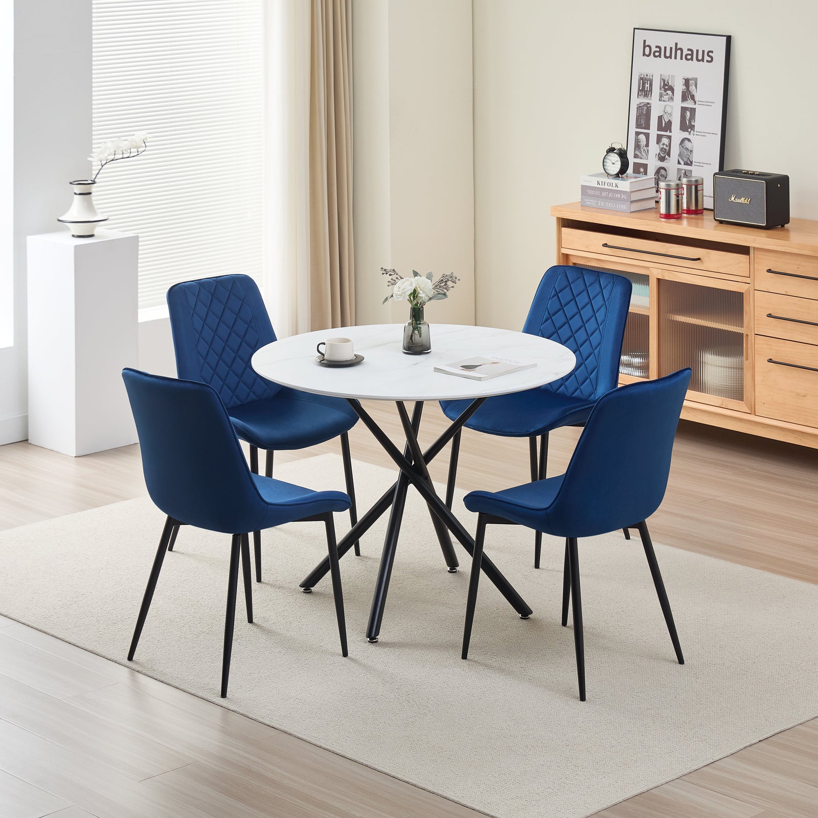 Stylish Seattle Dining Table Set With 4 Amelia Velvet Chairs | Blue