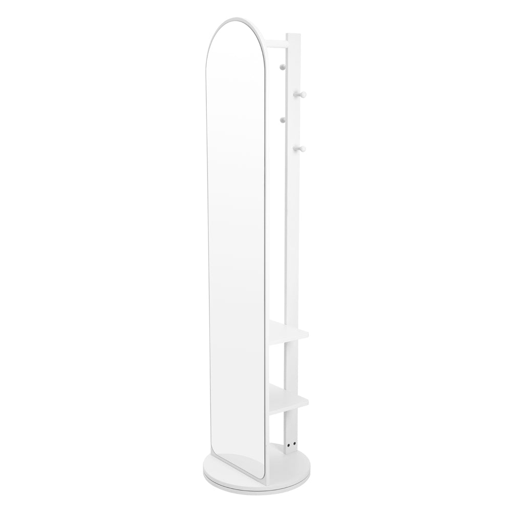 360° Rotating Full-length Mirror With Coat Rack,standing Arched Mirror With Shelves | White