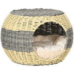 Wicker Cat House, Rattan Raised Cat Bed W/ Soft Cushion, Φ40 X 30cm