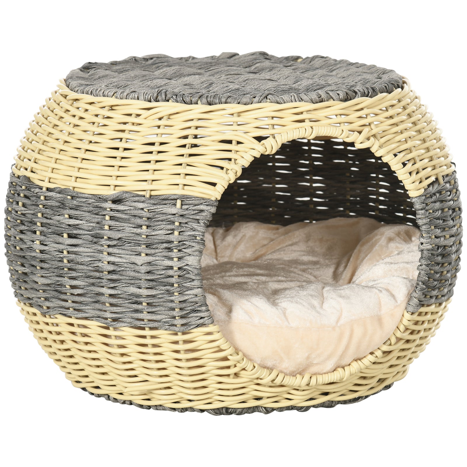 Wicker Cat House, Rattan Raised Cat Bed W/ Soft Cushion, Φ40 X 30cm